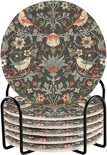 innewgogo Flowers Birds 6 Pcs Absorbent Drink Coasters for Tabletop Protection Handmade Round Woven Coaster with Holder & Heat Water Resistant Bulk