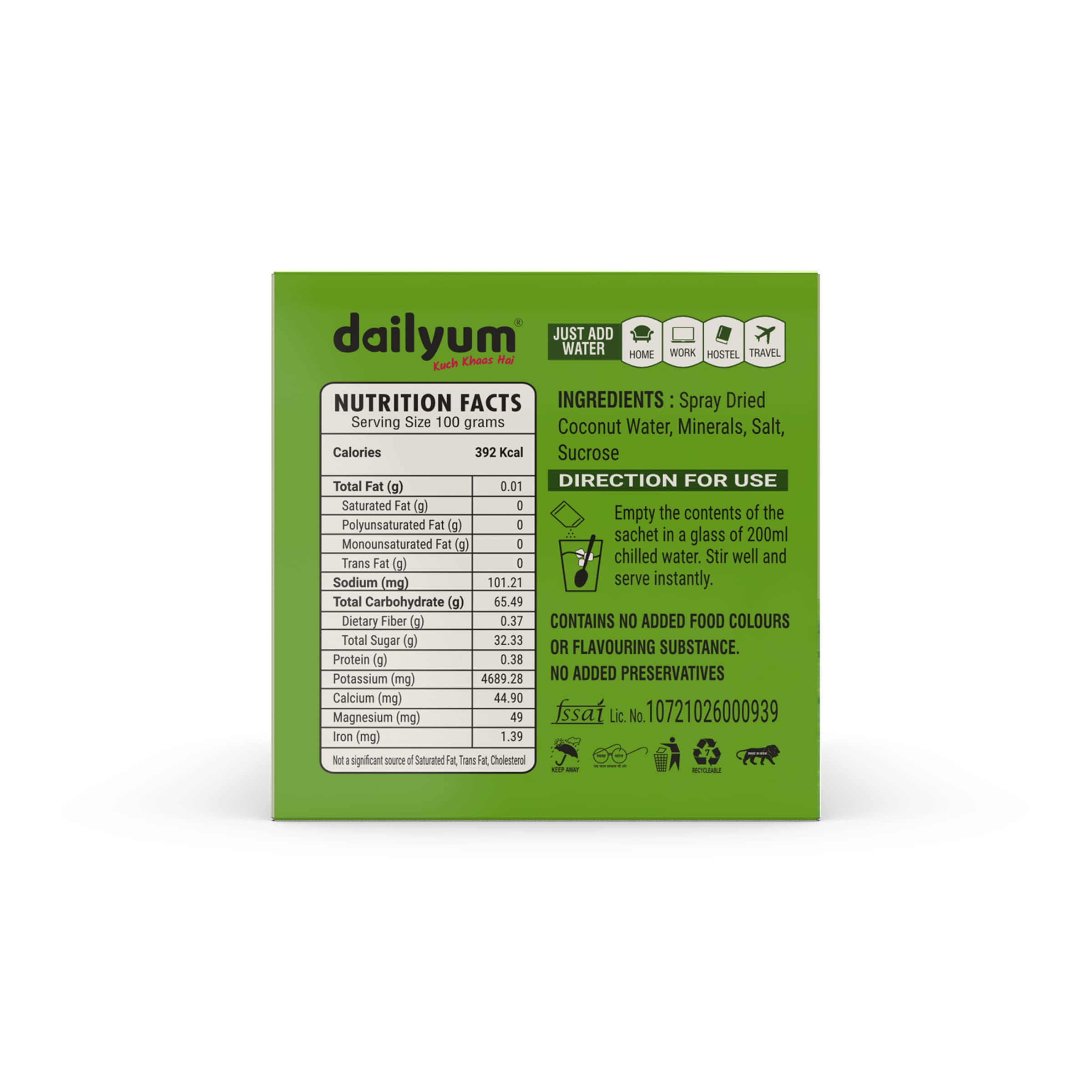Dailyum Instant Refreshing Nariyal Pani Drink Mix Box|10 Single Serve Sachets |Tender Coconut Water Premix With Electrolytes| Summer Drink For Instant Energy| 150gm