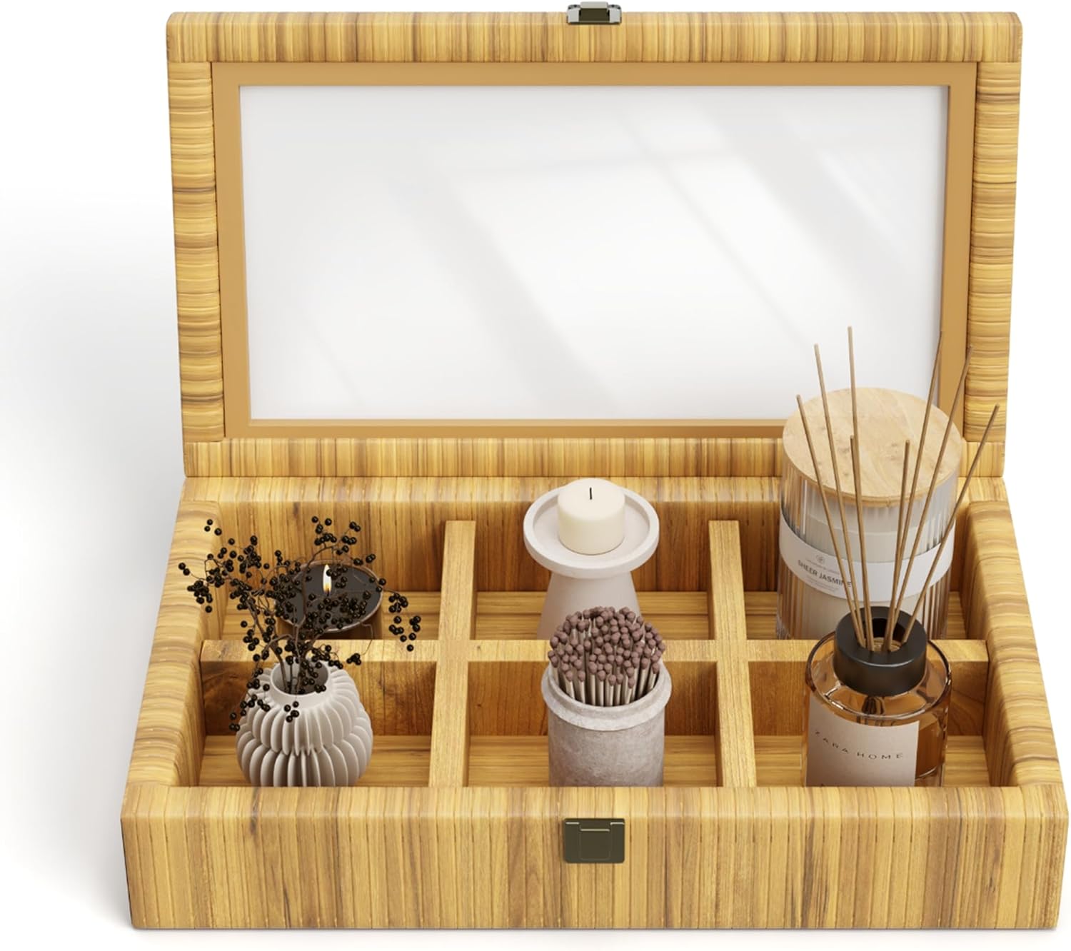 Rattan Storage Box,Boho Display Decorative Box with Lid,Creative Home Storage with 6 Divided Sections,Shelf Decor keepsake Box for Home Decor