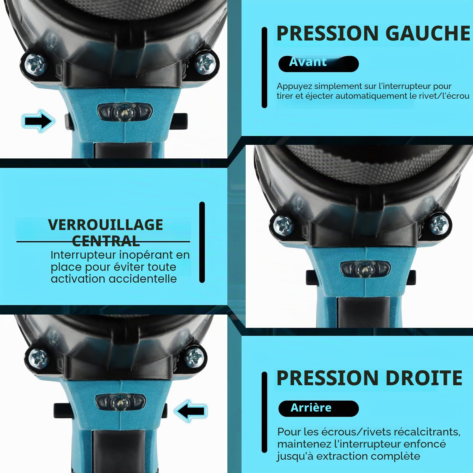 LIROPAU Pince à riveter sans fil compatible avec batterie Makita 18 V | pistolet à écrou électrique 2 en 1, avec embouts M6/M8 et gants pour rivets de 2,4 à 4,8 mm (sans batterie, sans chargeur)