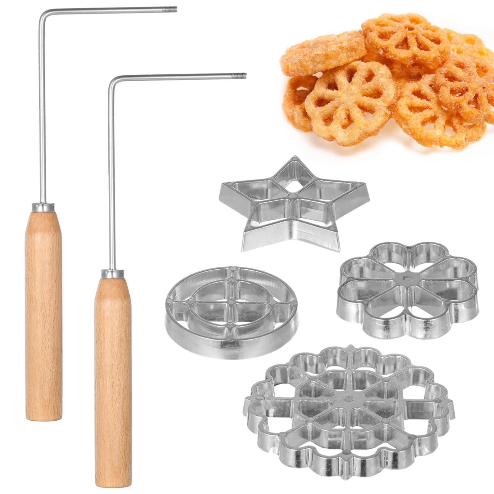 6-teiliges Rosetteneisen-Set, inklusive 4 Waffelformen und Holzgriffen, DIY-Kuchenformen-Set für die Küche