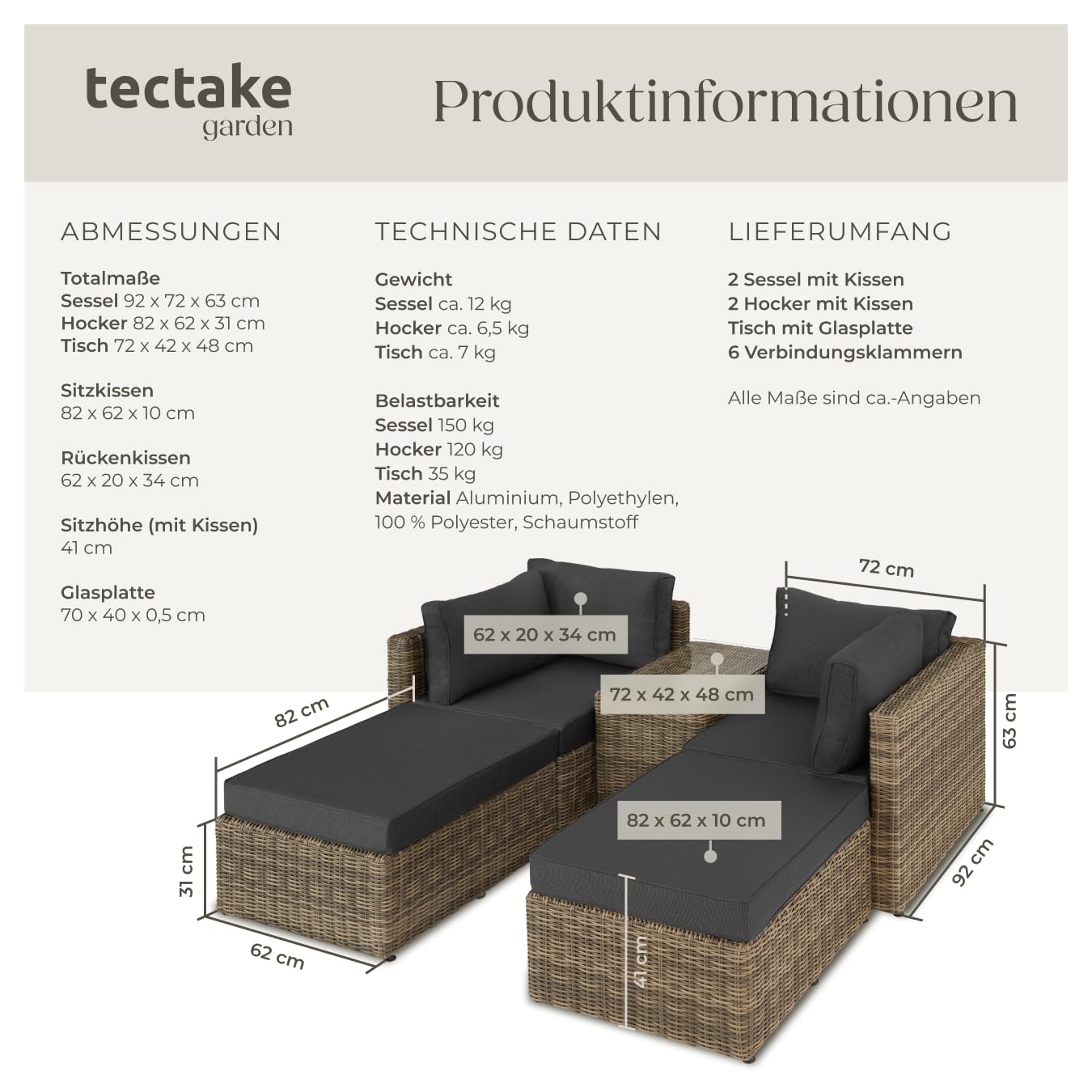 tectake® Luxus Rattan Lounge Set Outdoor, modulares Sofa mit Couch Tisch und Hocker, Balkon Möbel, Garten, Terrasse, Aluminium Gartenmöbel Set wetterfest, Balkon Lounge, Gartenlounge - Natur