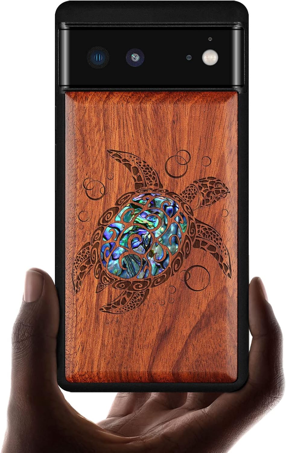Carveit Designer Wooden Case for Google Pixel 6 Case Protective Cover [Wood Engraving & Shell Inlay] Unique Wood Phone Case Compatible with Wireless Chargers Pixel 6 (Sea Turtle-Blackwood)