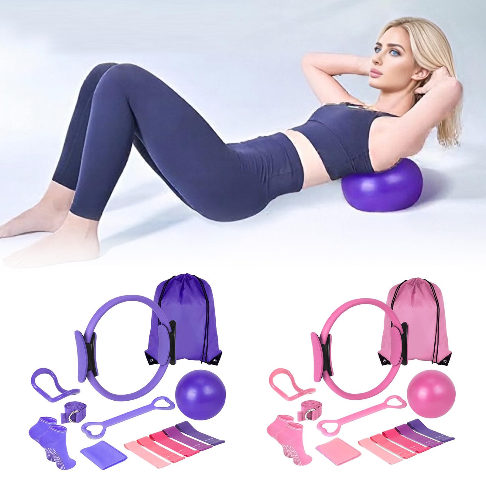 13-teiliges Pilates-Set Für Frauen – Inkl. Ball, Ring, Bänder, Socken, Tasche – Rosa, Für Zu Hause & Unterwegs