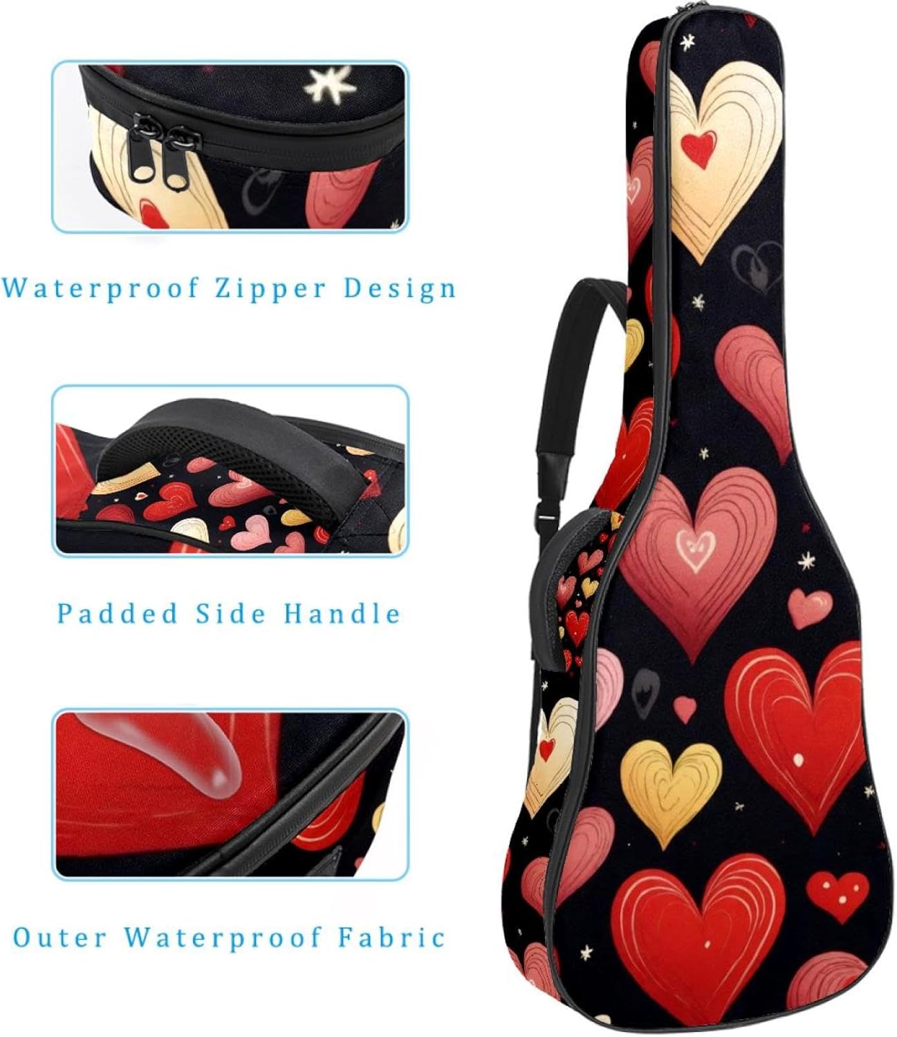 40 41 42 Inch Guitar Bags, Waterproof Padded Acoustic Guitar Case Backpack with Adjustable Shoulder Strap & Pockets, Red Hearts Seamless