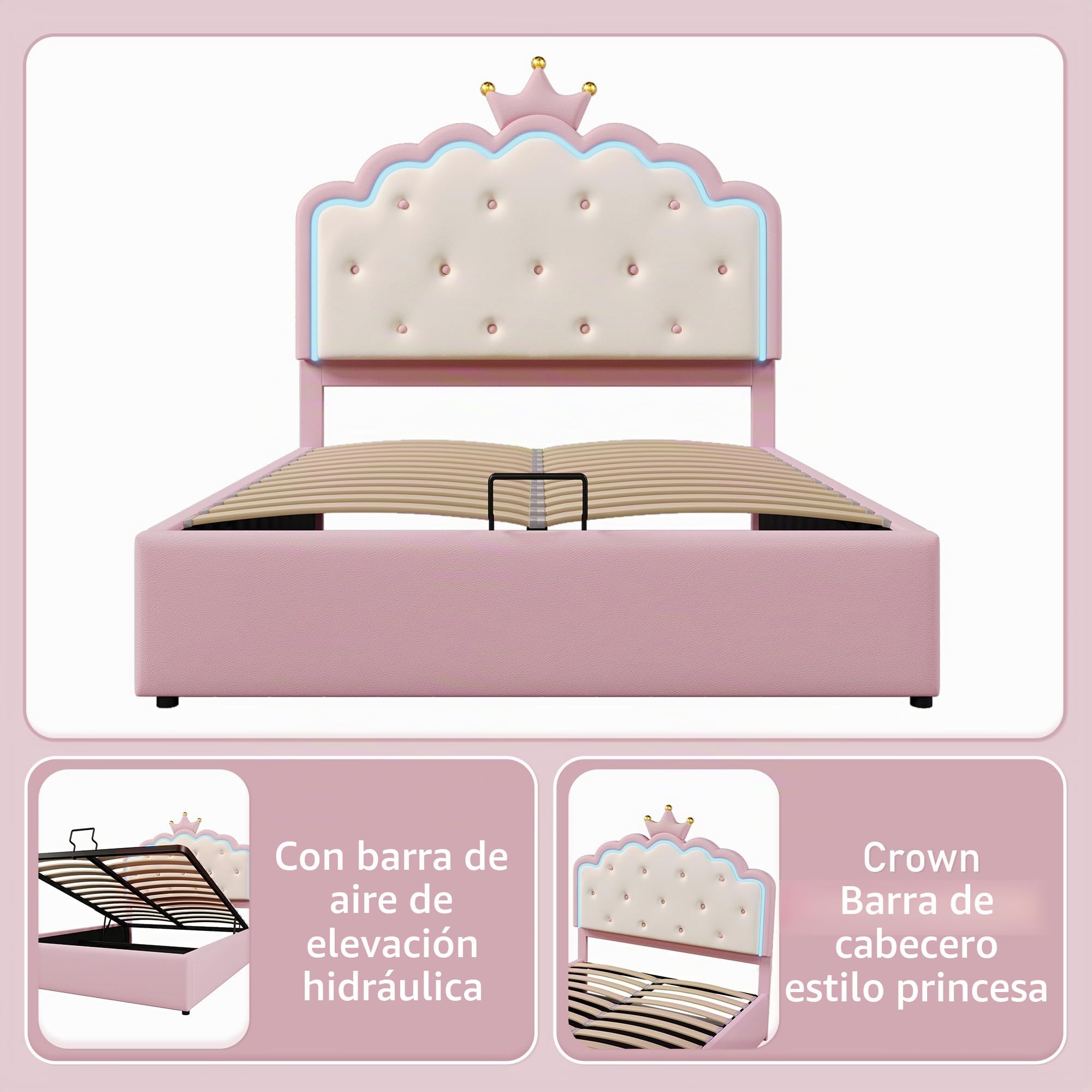 Cama tapizada con somier (sin colchón), luz ambiental teledirigida, forma de princesa heredera, almacenamiento hidráulico, material PU, rosa (140 x 200 cm)