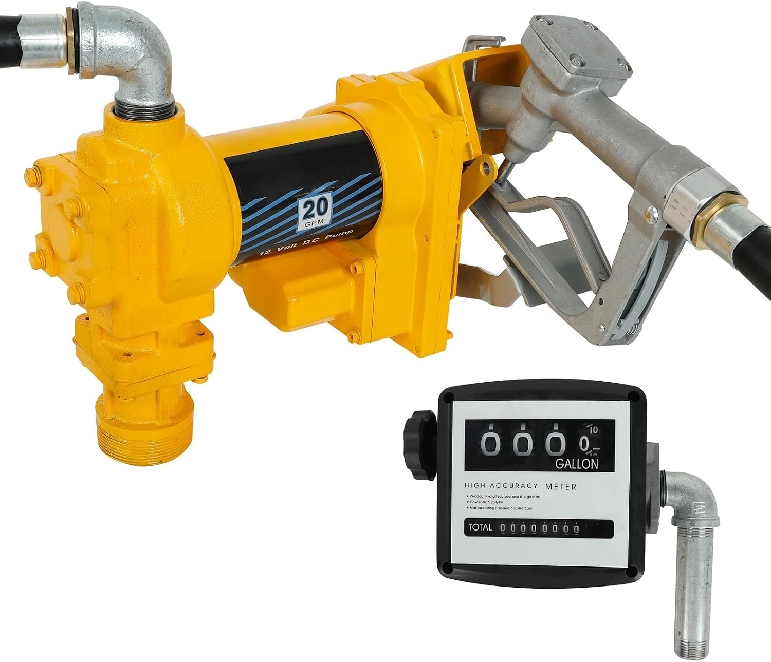 12V 20GPM Yellow Fuel Transfer Pump DC Gasoline with Nozzle Kit And Diesel Fuel Flow Meter for Gas Diesel Kerosene