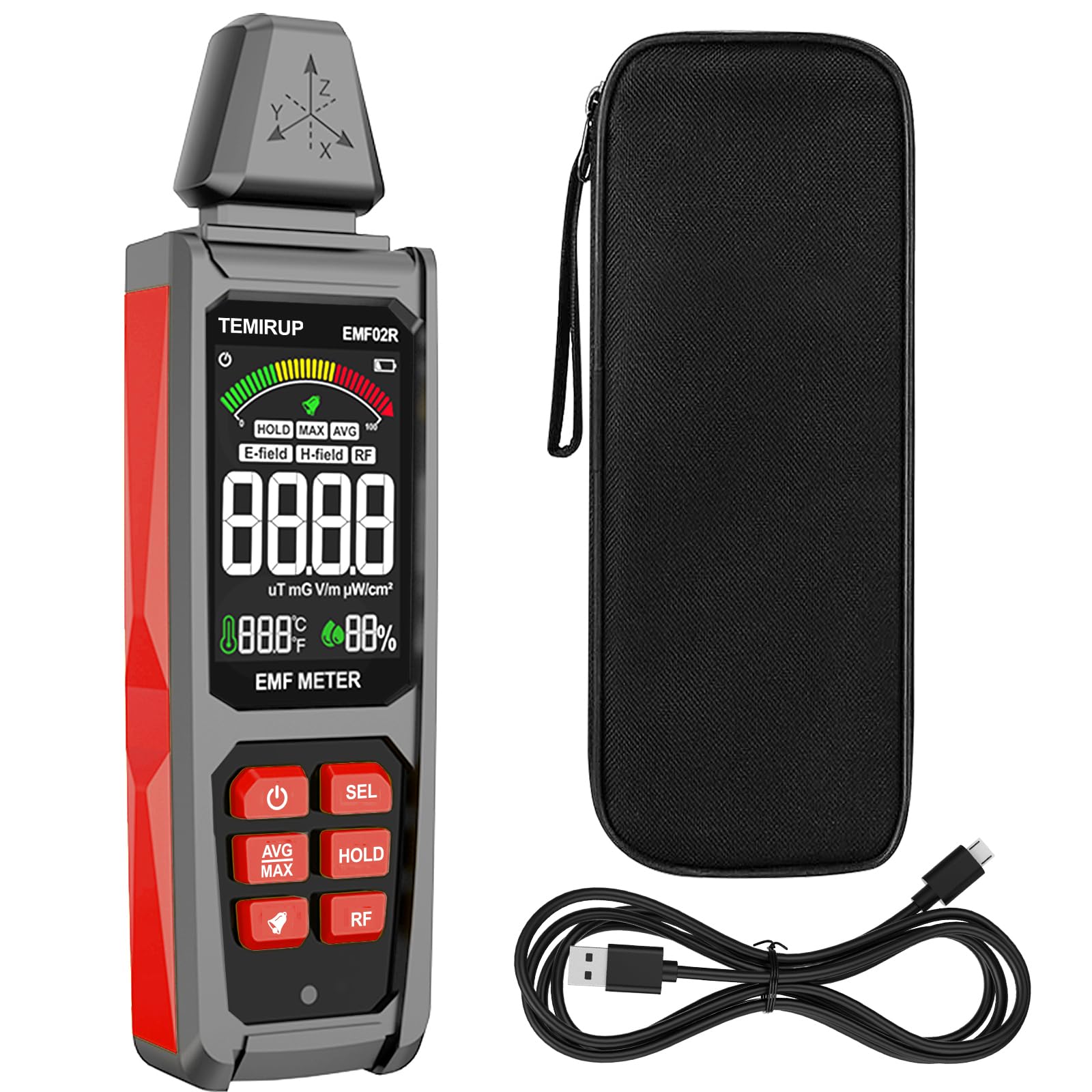 Detector de radiación 5 en 1 EMF, detecta campo eléctrico, magnético y de radiofrecuencia con temperatura humedad, lector EMF recargable para el hogar y caza de fantasmas