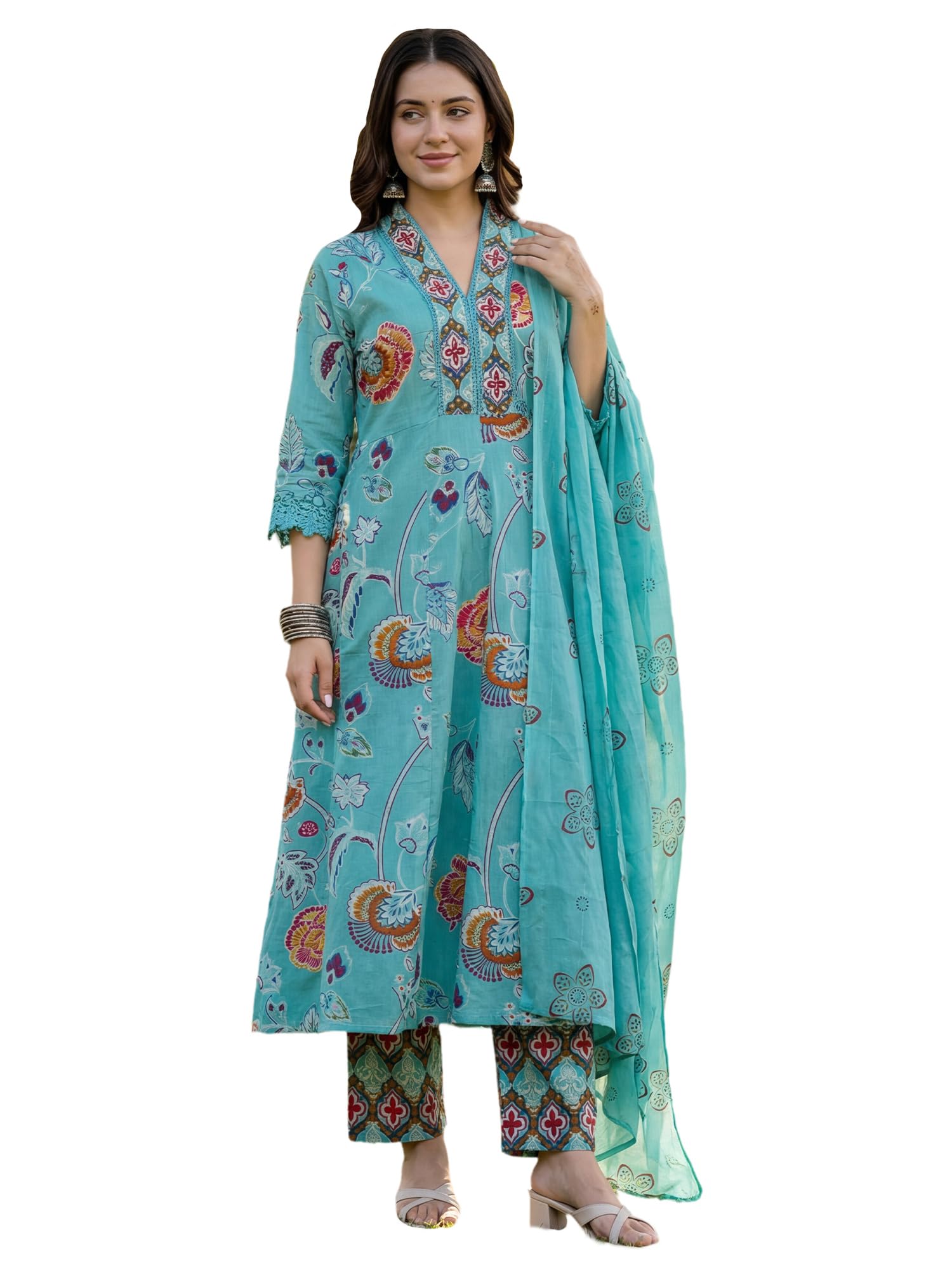 indo era Women's Pure Cotton Floral Printed Beads and Stones Work Kurta & Pant with Dupatta Set (IE2AI10710)-picture-15