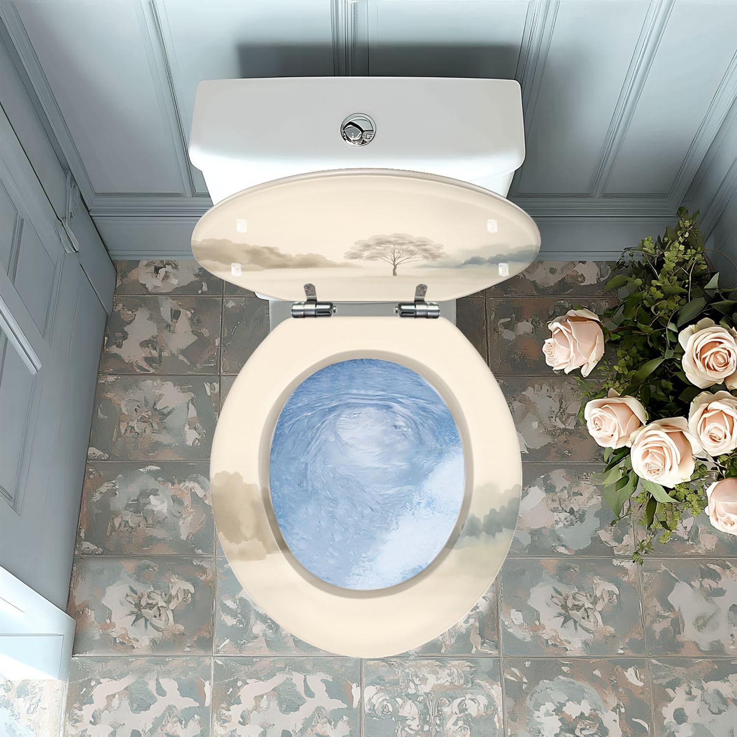 Asiento de inodoro decorativo de resina con cierre suave para baño.