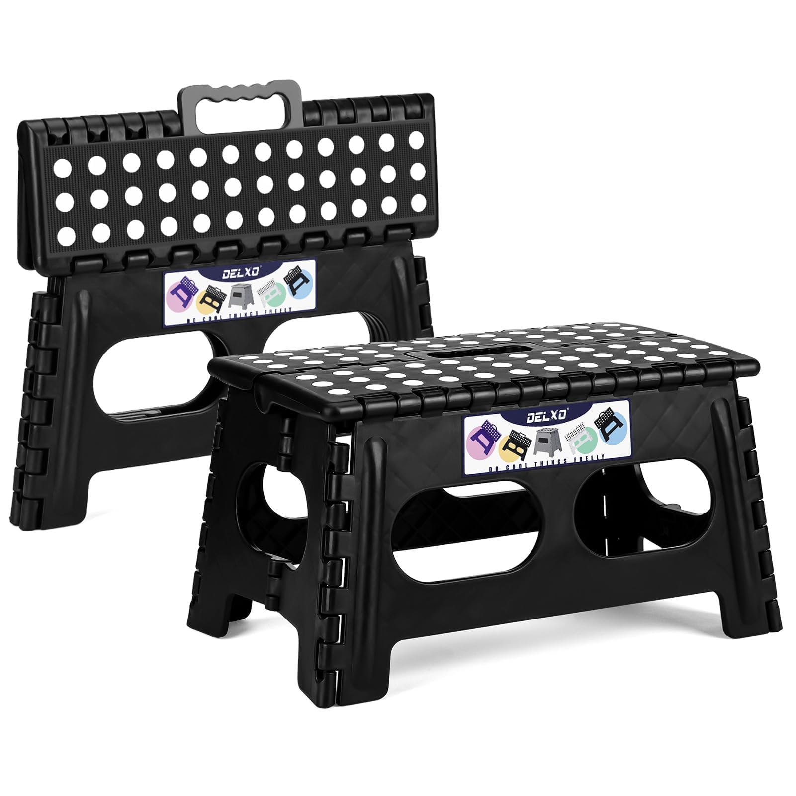Photo 1 of Delxo Folding Step Stool for Kids and Adults,15-Inch Extra Wide 9 Inch 2 Pack Height Heavy Duty Stepping Stool More Safe and Comfortable Non Slip Foldable Step Stool Black
