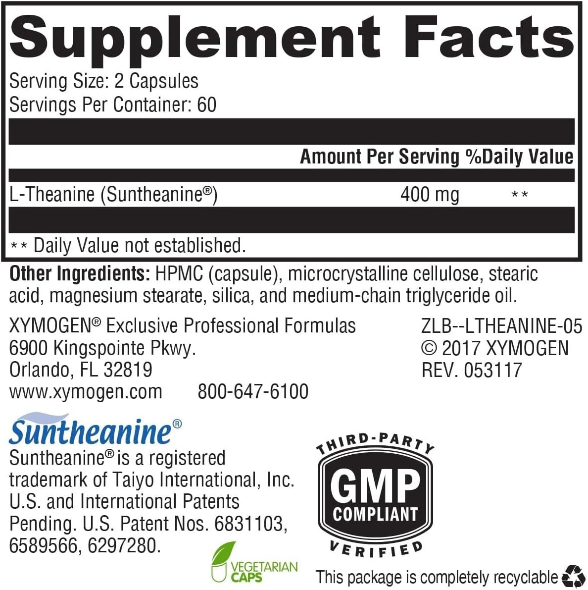 XYMOGEN L-Theanine - 400 mg as Suntheanine - Relaxation, Focus & Stress Support - Amino Acid Supplement - Non-Drowsy - Vegetarian, Non-GMO & Gluten Free - 120 Capsules