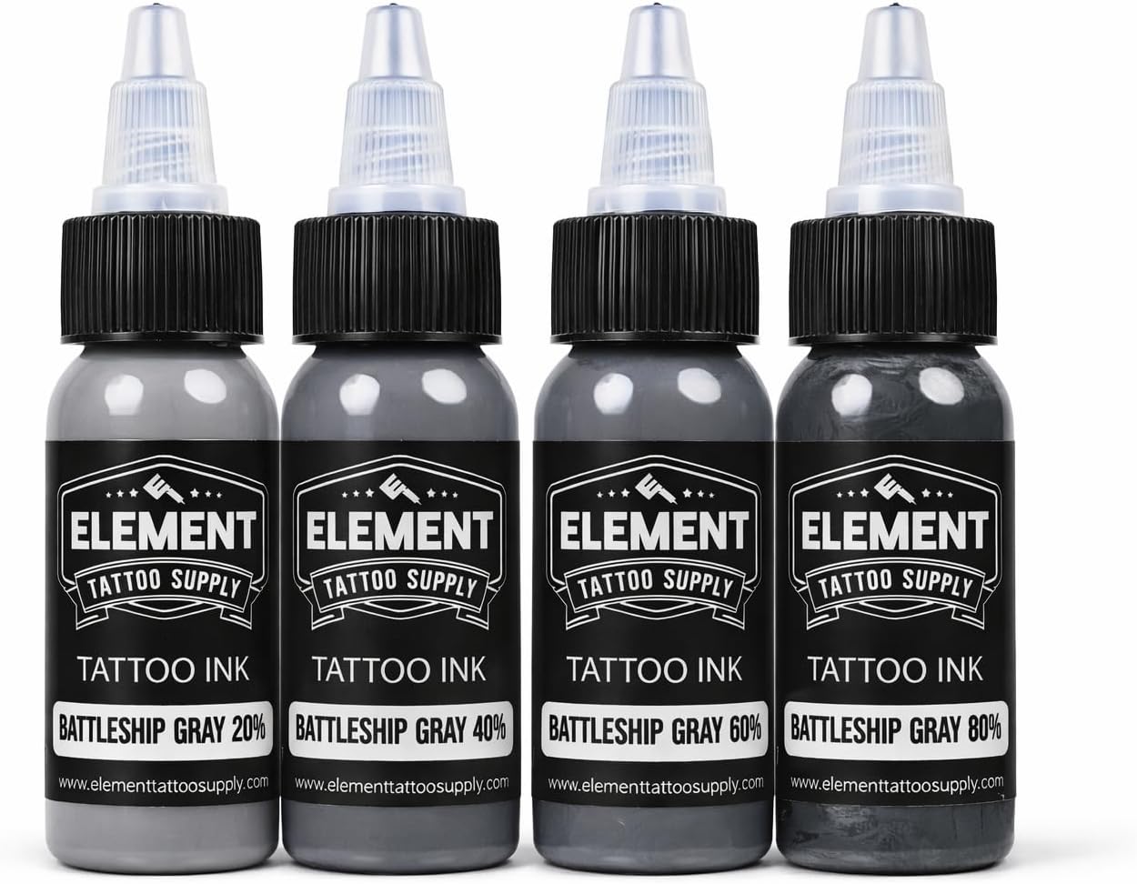 Element Tattoo Supply Battleship Gray Tattoo Ink Set - 4 Shades of Grey, Light, Medium, Medium Dark & Dark Tones, Professional Grade Tattoo Inks for Mixing & Blending, 1 oz Bottle (4 Pack)