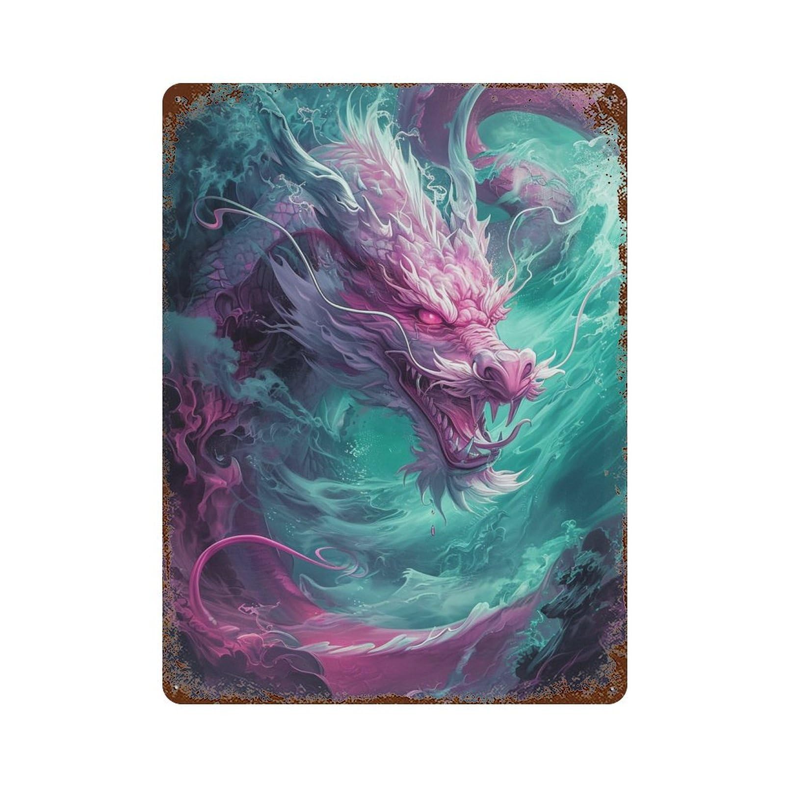 Magical Fantasy Dragon Artwork Aged Metal Wall Plaque 15.7"x11.8", for Pub, Kitchen And Man Cave Decor, Decorative Metal Wall Art