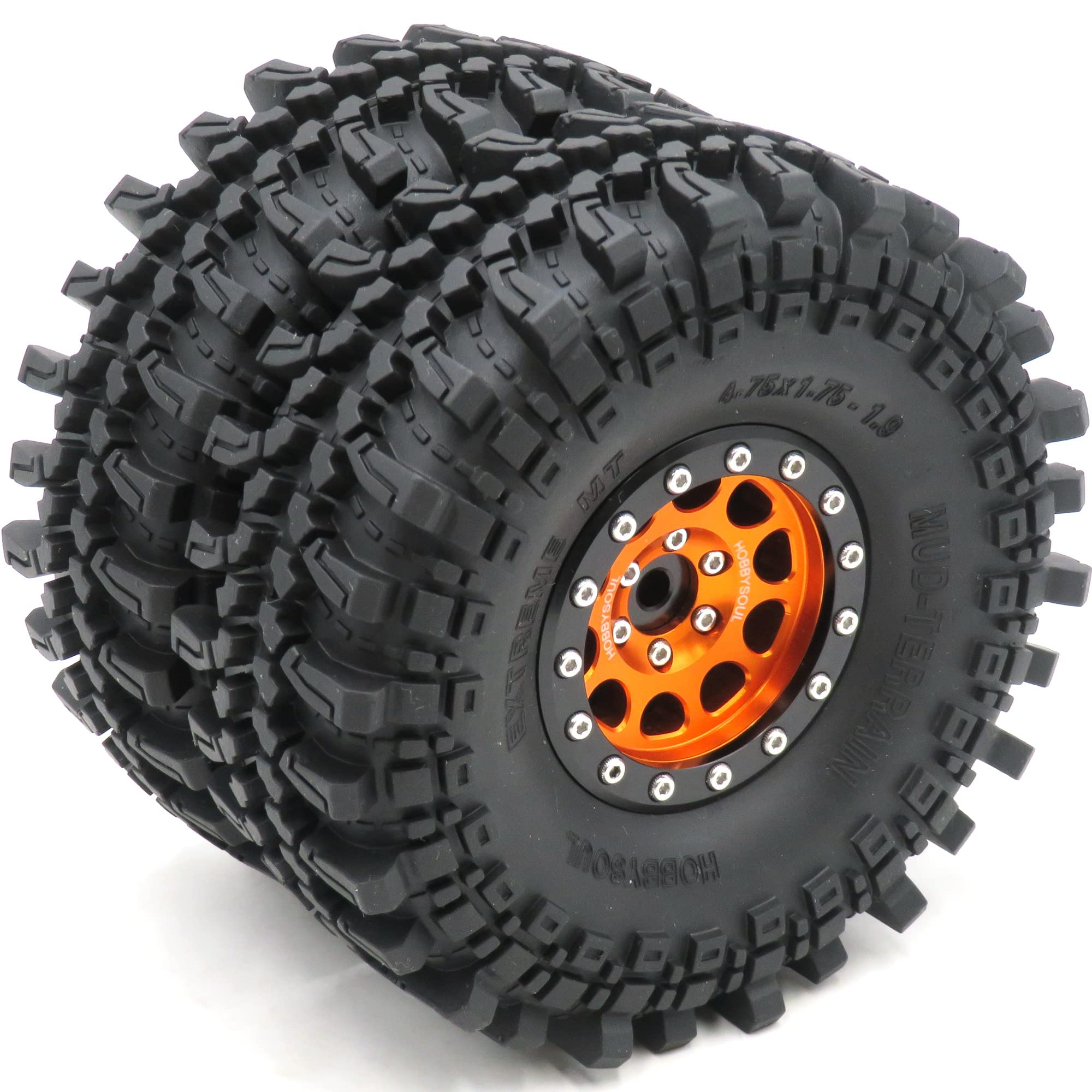 HOBBYSOUL 4 Stück RC 1,9 Schlamm Geländereifen Super Grip Soft Crawler LKW Reifen 121mm/4,75 Zoll & Aluminium 1,9 Beadlock Radfelge Sechskant 12mm Orange/Schwarz, (vormontiert)