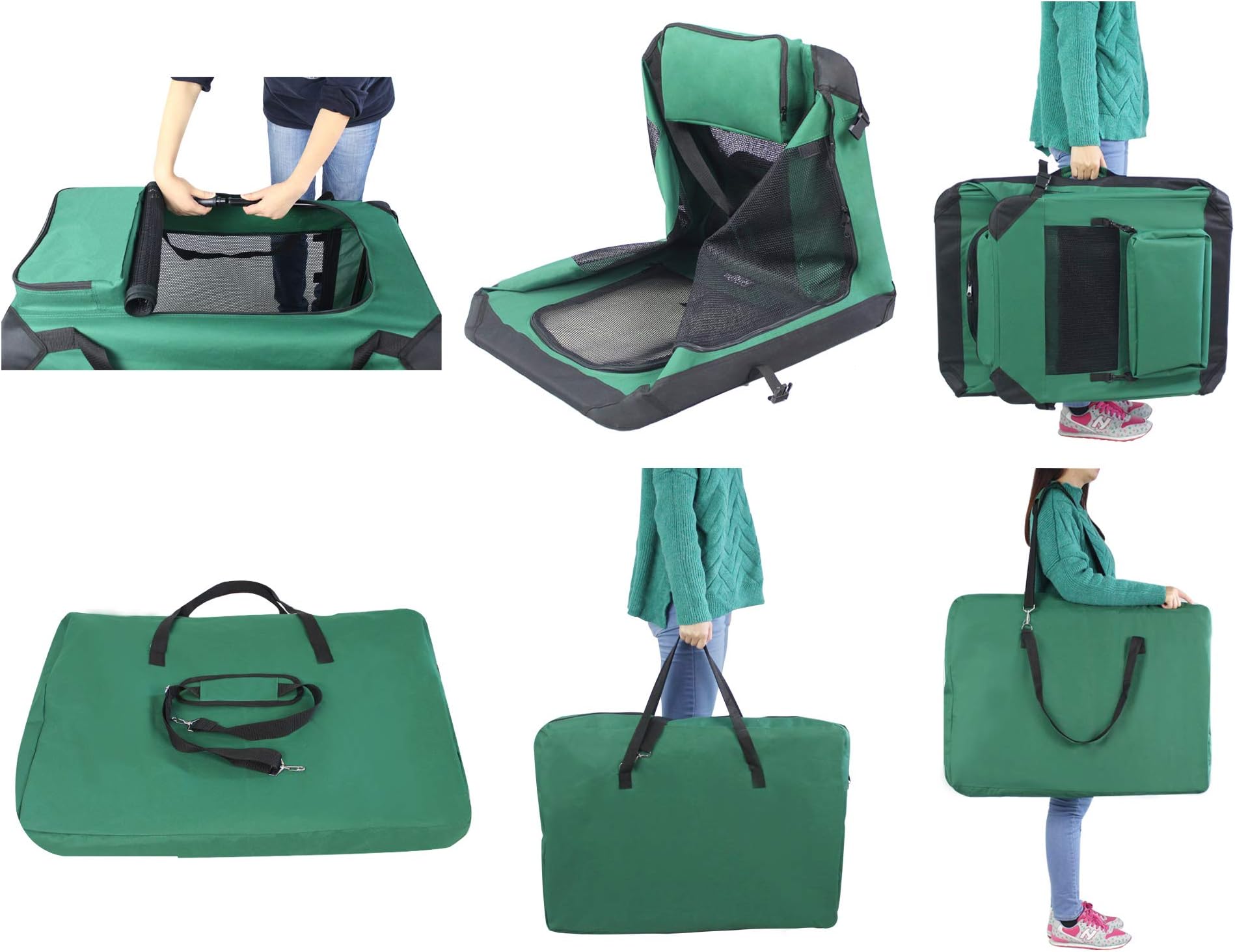 EliteField 3-Door Folding Soft Dog Crate with Carrying Bag and Fleece Bed (2 Year Warranty), Indoor & Outdoor Pet Home (24" L x 18" W x 21" H, Green)