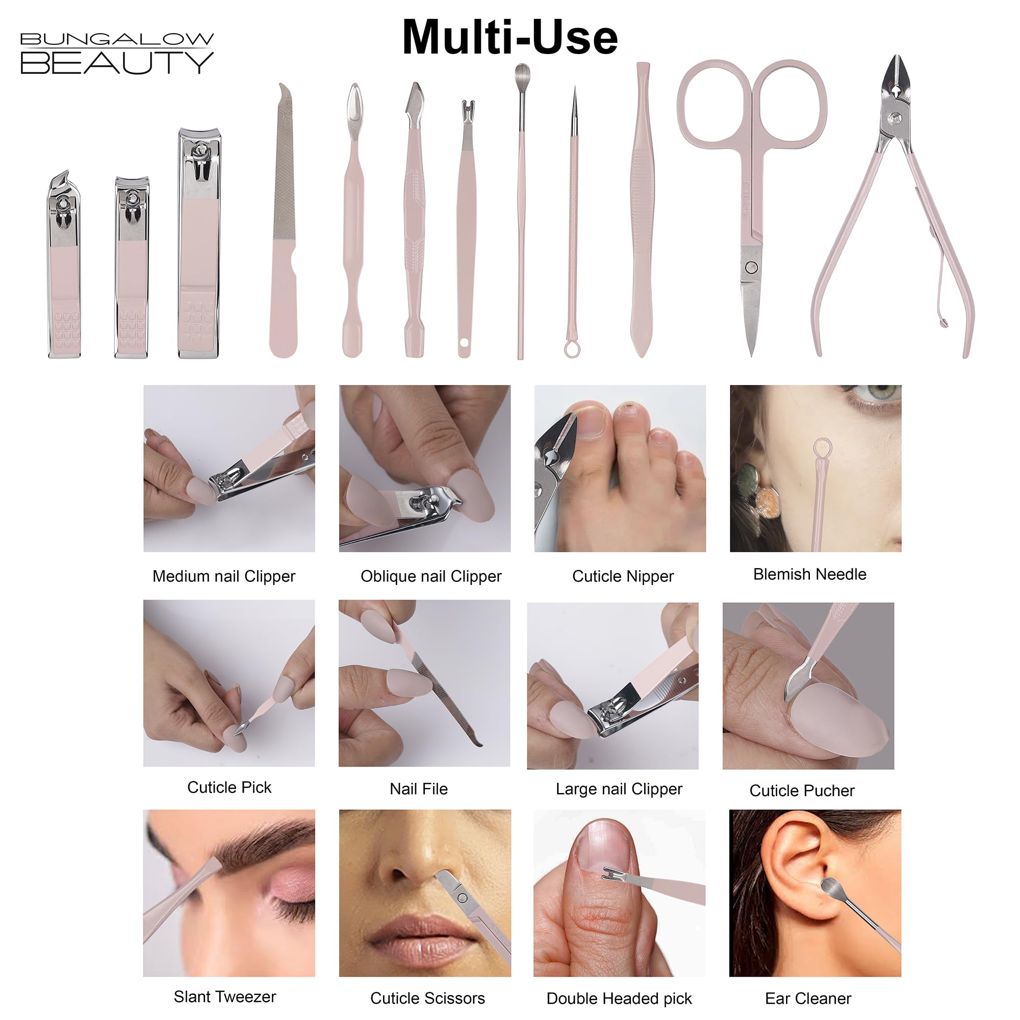 BUNGALOW BEAUTY - 12 PCS Stainless Steel Manicure Set | 1 Cuticle Nipper | 1 Cuticle Pick | 1 Cuticle Pusher | 1 Tweezer | 1 Double Pick | 1 Nail File | 1 Acne Needle | 1 Ear Cleaner | 1 Scissors | 3 Nail Clippers | Lead free | Cadmium Free | Free of Phthalates 1