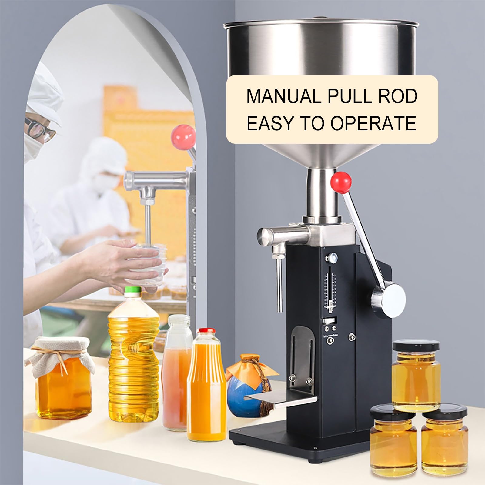 Llenadora Manual de Pasta líquida, Ajustable, de 5 a 60 ml, de Acero Inoxidable con tolva, para Leche, Jugo, Miel y champú.