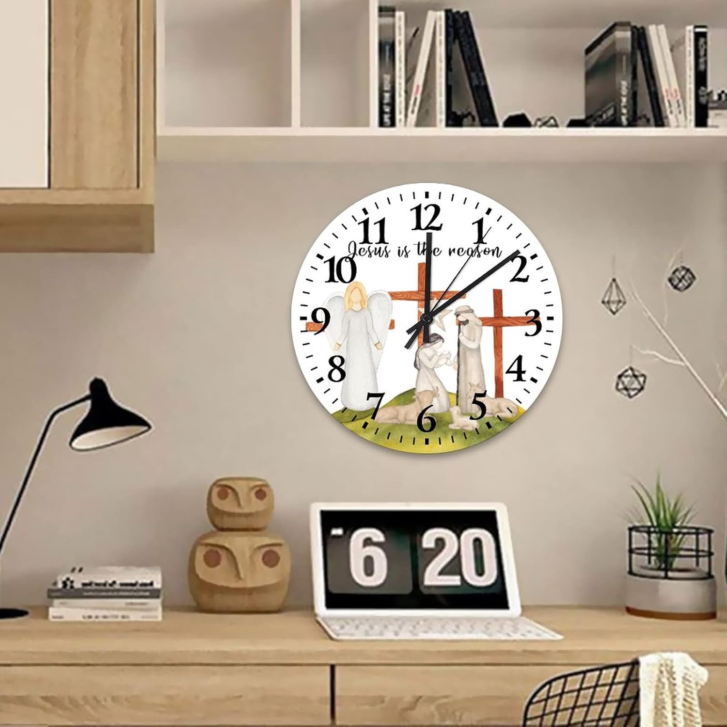 15 Inch Birth of Jesus Clock Silent Non Ticking Christian Nativity Scene Gifts Vintage Wood Print Wall Clock Arabic Numbers Round Clock for Living Room Office