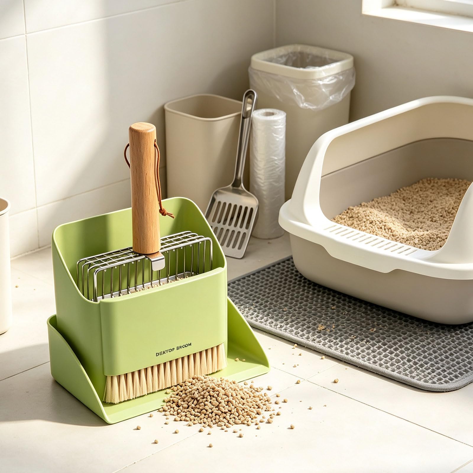 Pala per lettiera per Gatti con Supporto per la Cura, Green | Testa scanalata in acciaio inossidabile, manico effetto legno, uso domestico ordinato in interni