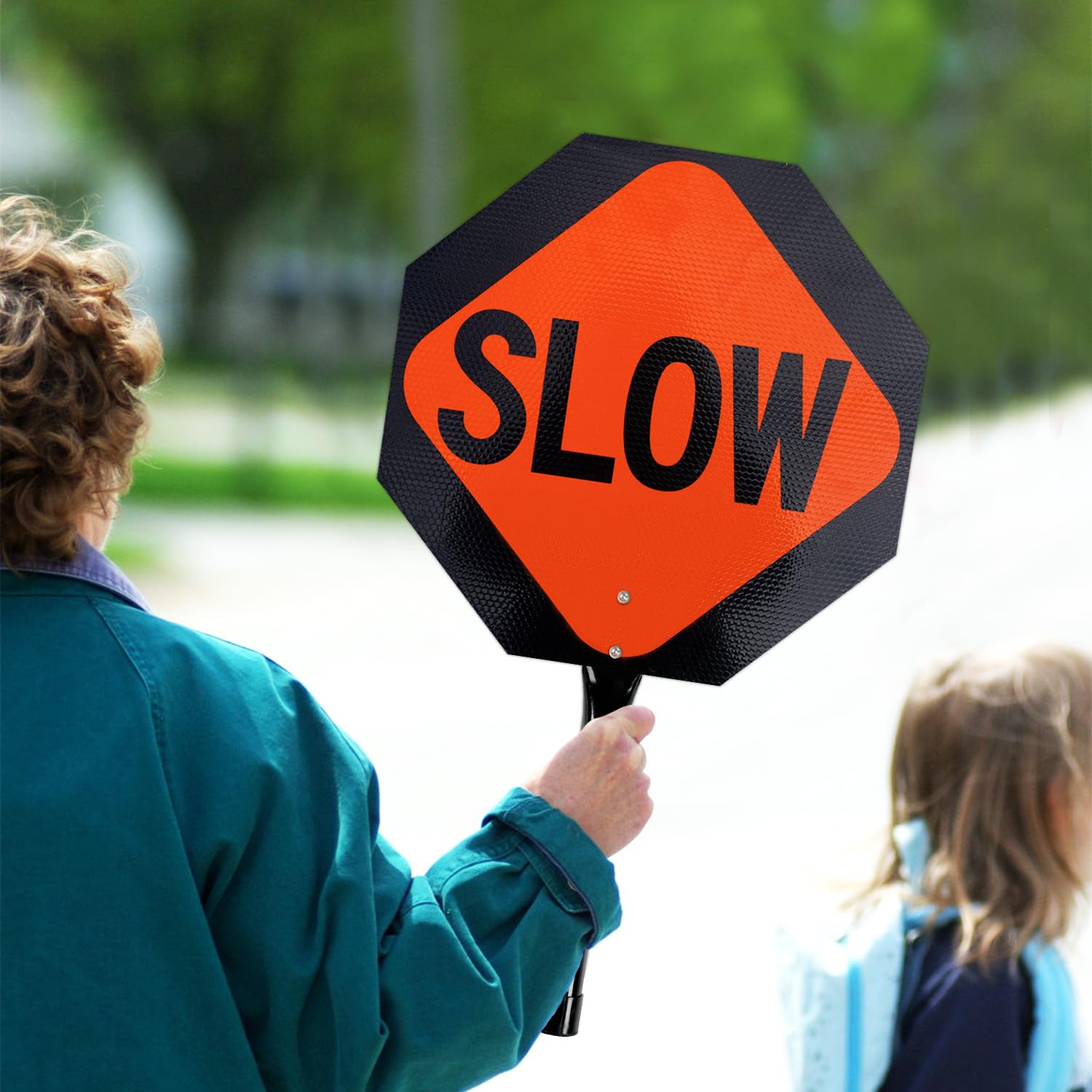 T&R (1 Pack) Stop Slow Sign with Handle, 13 x 13 Inches Double Sided Stop/Slow Traffic Sign, Rust Free Aluminum Reflective, Weather Resistant, Waterproof, Fade Resistant, Easy to Mount(Orange) — Amazon image 5
