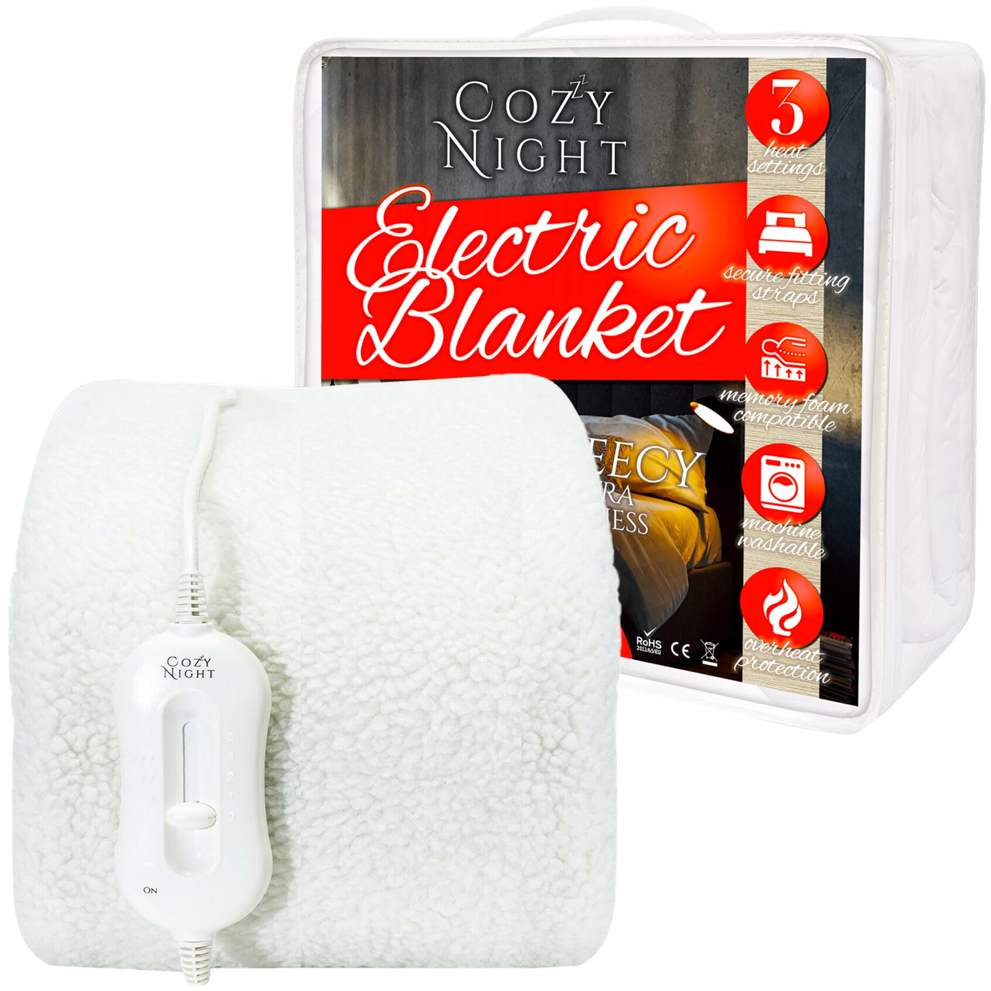 Cozy Night Single Electric Blanket, Size 90 x 192cm, Soft Fleece Fitted Underblanket Mattress Cover, Quick Fit Corner Straps, 3 x Heat Settings, 70W Control and Machine Washable