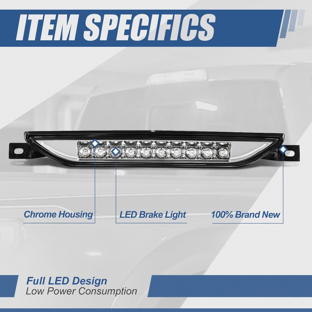 Auto Dynasty LED 3rd Third Brake Light Compatible with 2007-2017 Dodge Caliber Durango Jeep Compass Grand Cherokee, Rear Center Cab Cargo Lamp High Mount Stop light, Chrome Housing Clear Lens