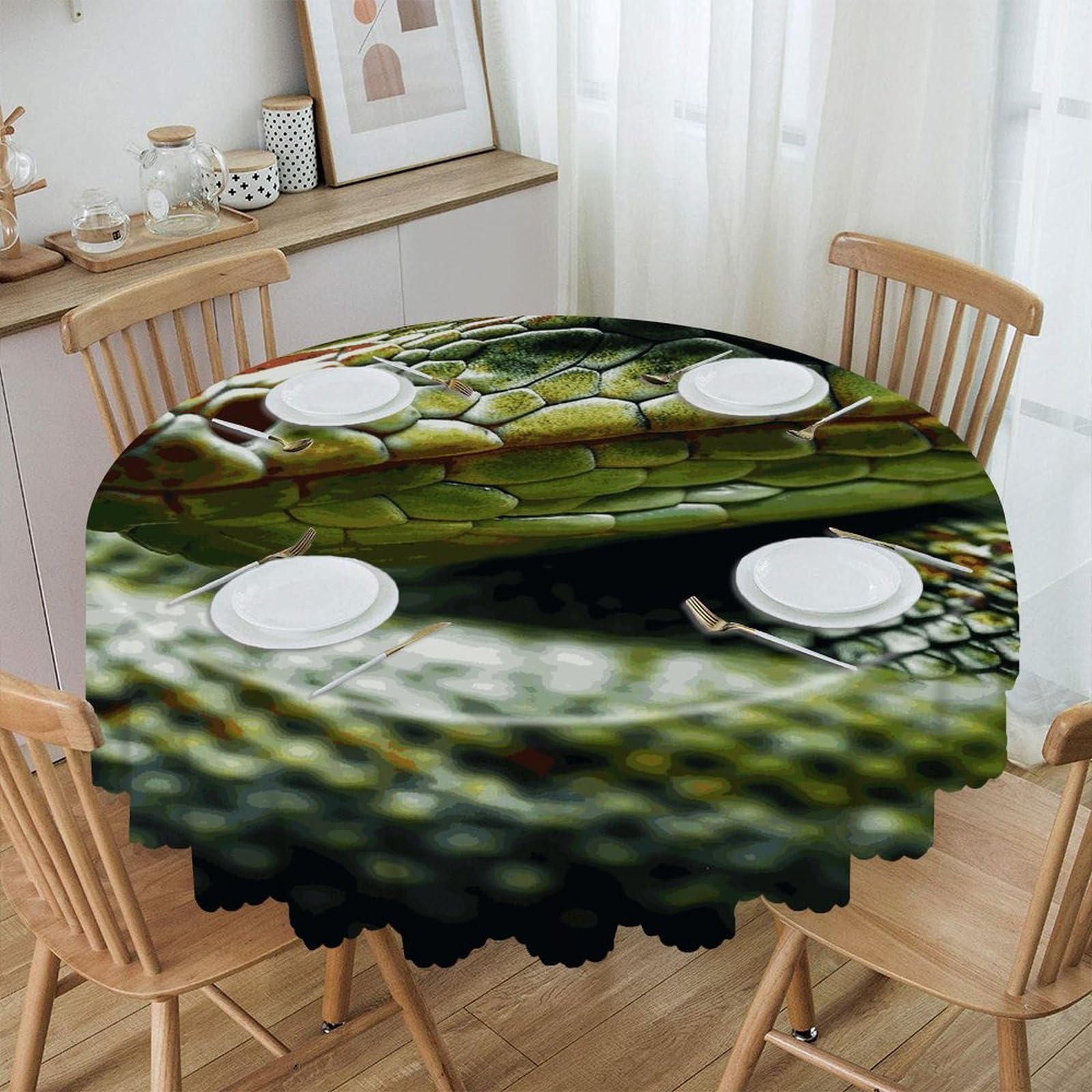 Btcowzrv Style Green Snake Polyester Round Tablecloth 59.84 Inch, Decorative Washable Table Cover, Table Cloth For Restaurant Picnic Indoor And Outdoor Dining
