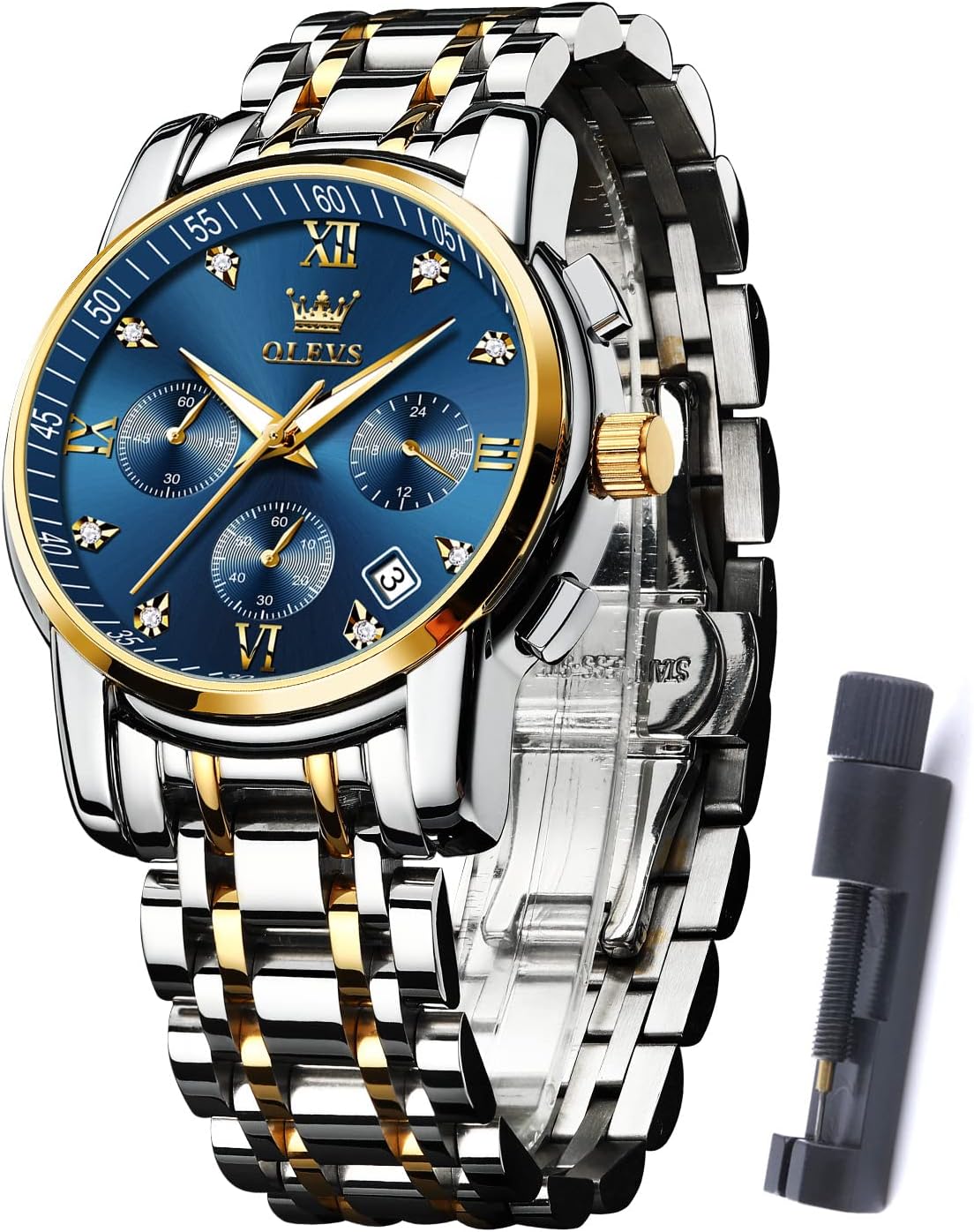 – Mens Watches Dress Designer Diamond Analog Quartz Stainless Steel Silver Waterproof Metal Date Chronograph Roman Numerals Gent Wrist Watch