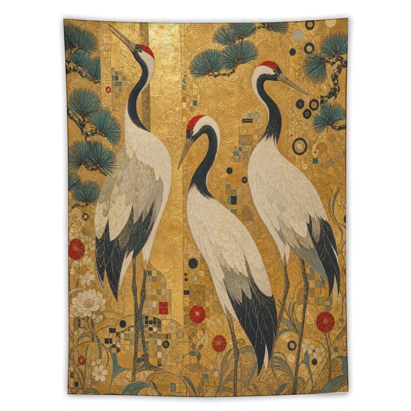 H3B8U2Y5 Cranes and Pine Trees Wall Tapestry, Ukiyo-e Style, Apartment