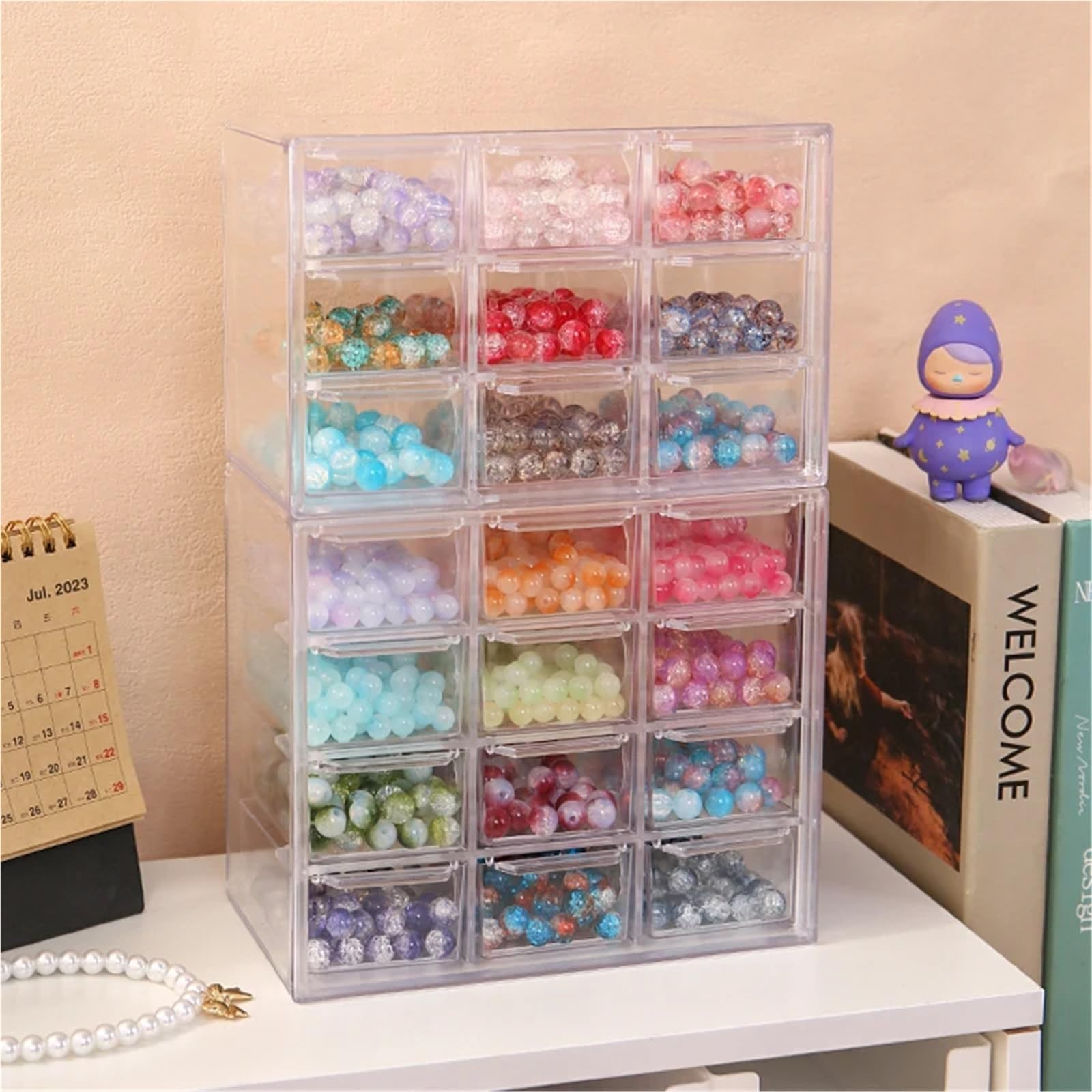Organisateur de tiroir Boîte de rangement perles empilable, style tiroir multifonctionnel à grille 6/9/12, boîte d'exposition bijoux bureau en acrylique transparent 1 pièce(12gird-transparent)