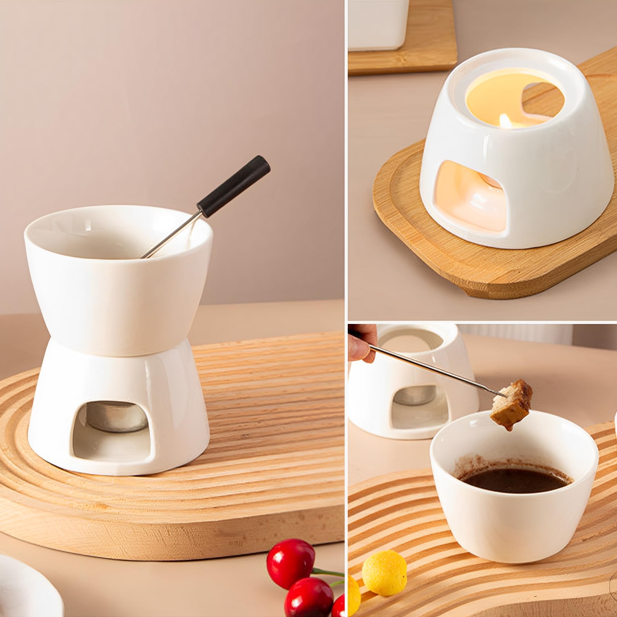 Set de Fondue de Queso y Chocolate, Set Completo de Fondue de Queso con Vela y 4 Tenedores, Mini Fondue Pot Taza de Fondue de Chocolate de Porcelana, para Casa,Blanco