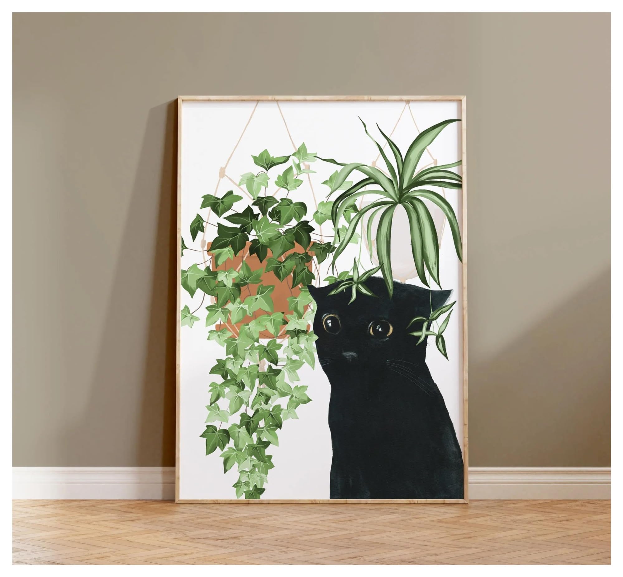Póster de gato y planta en acuarela para renovar las paredes de tu sala de estar