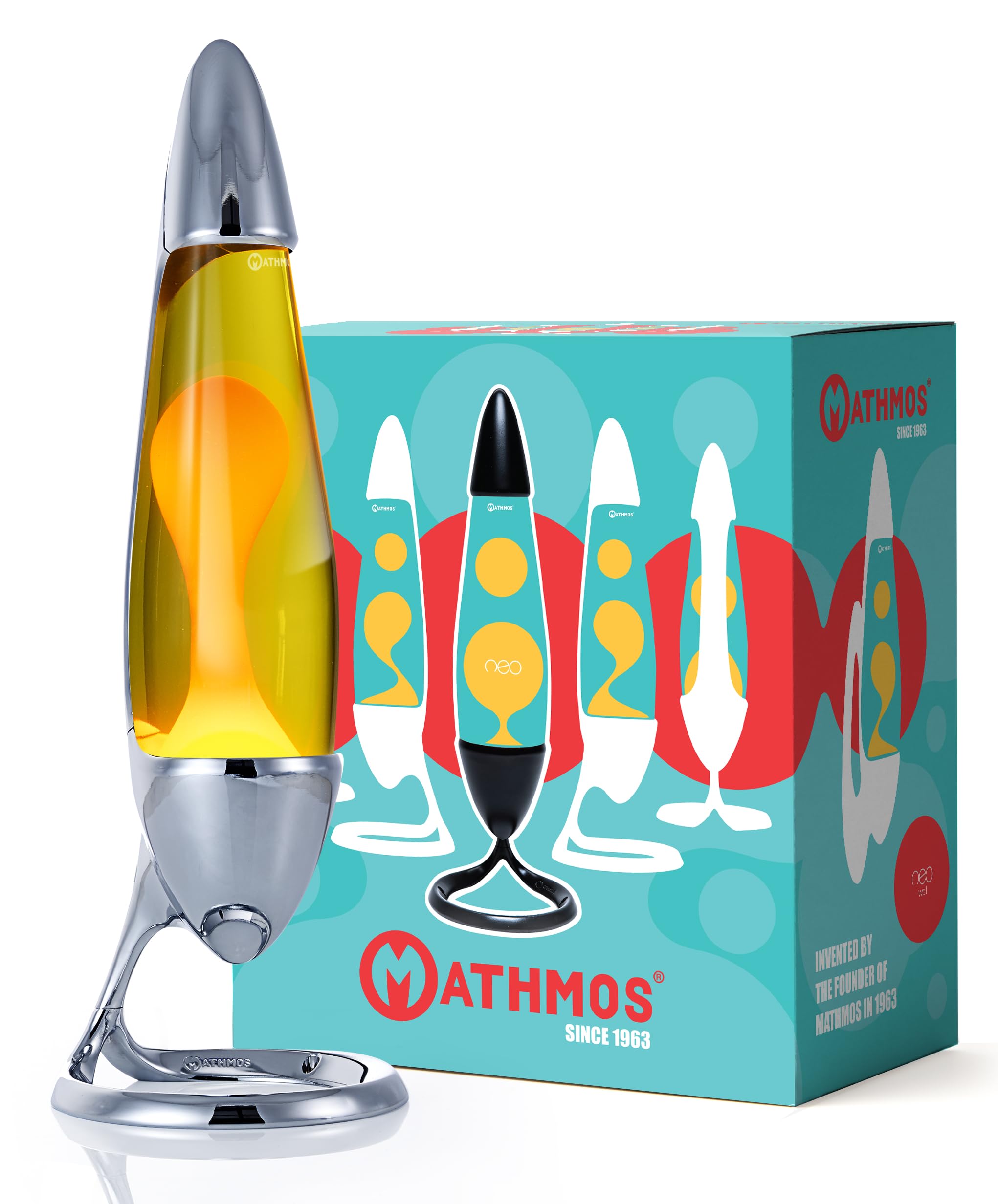 Mathmos Lámpara de lava Neo plateada, probada como segura para niños | Lámparas Amarillo y Naranja de baja temperatura y seguridad integrada | Lava de larga duración rellenada a mano en Gran Bretaña