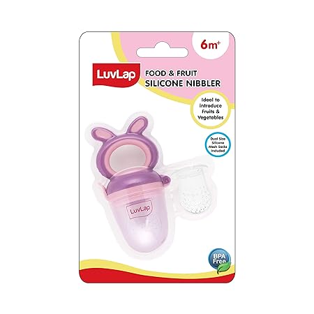 LuvLap Silicone Food/Fruit Nibbler with Extra Mesh, Soft Pacifier/Feeder, Teether for Baby, Infant, Bunny Violet & Pink