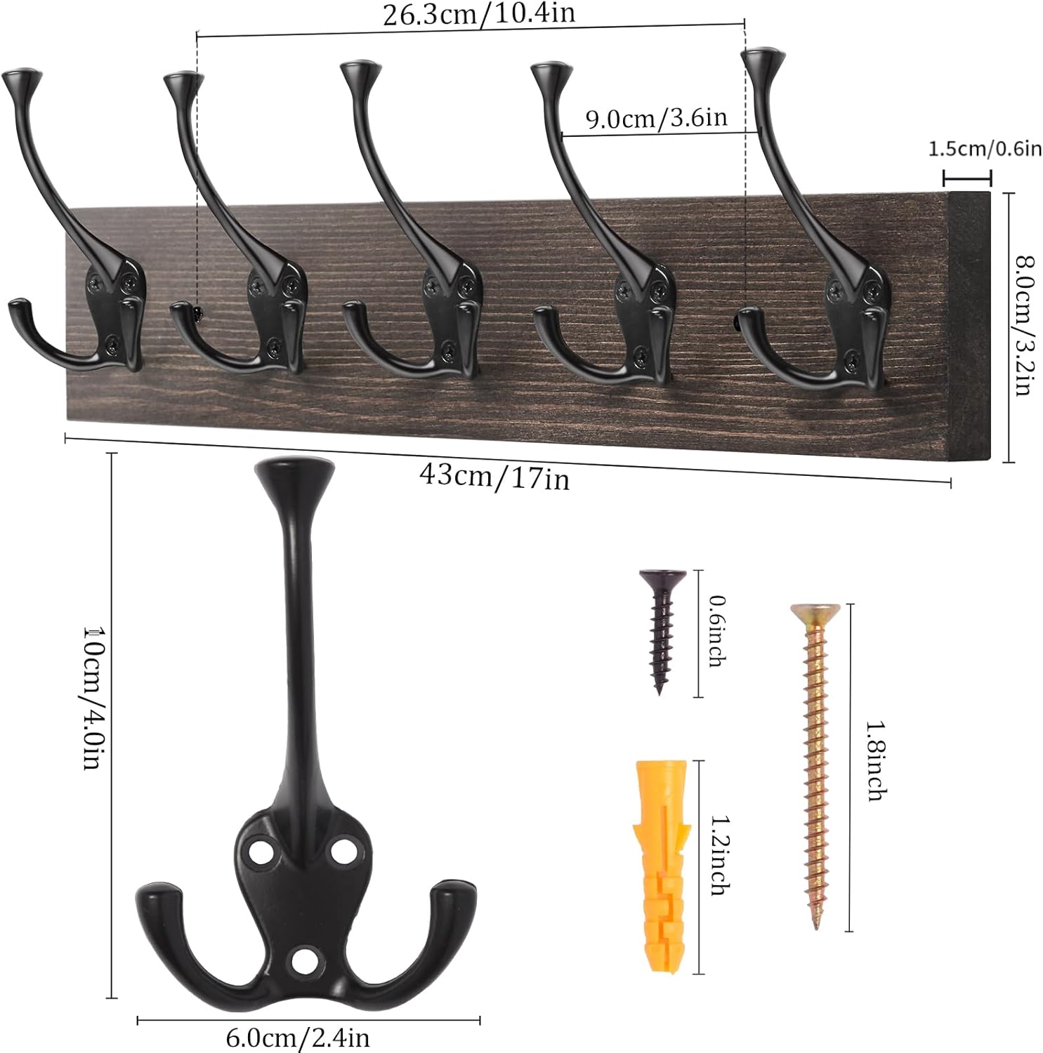 IBosins 2 Pack Coat Rack Wall Mount, 17'' Old Wood Color Coat Hanger, Rustic Wooden Metal Coat Hooks Rail for Entryway Living Room Coat Jacket Scarf Bag Towel Hat - Image 2