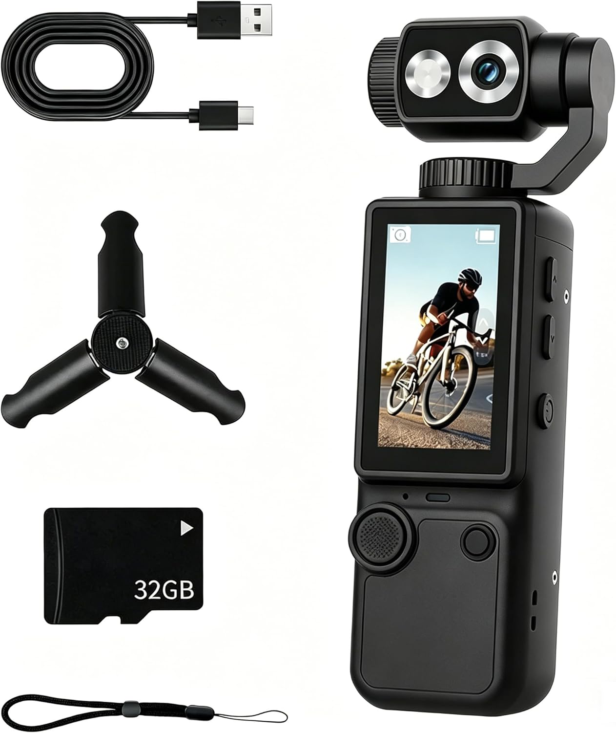 4K Ultra HD Sports Vlogging Camera, 180° Flip Lens, 5MP Camera with Fill Light, 2000mAh Battery, 32GB Card, Tripod, Portable Action Camera for Vlog, Travel, Riding, Skiing (Black)