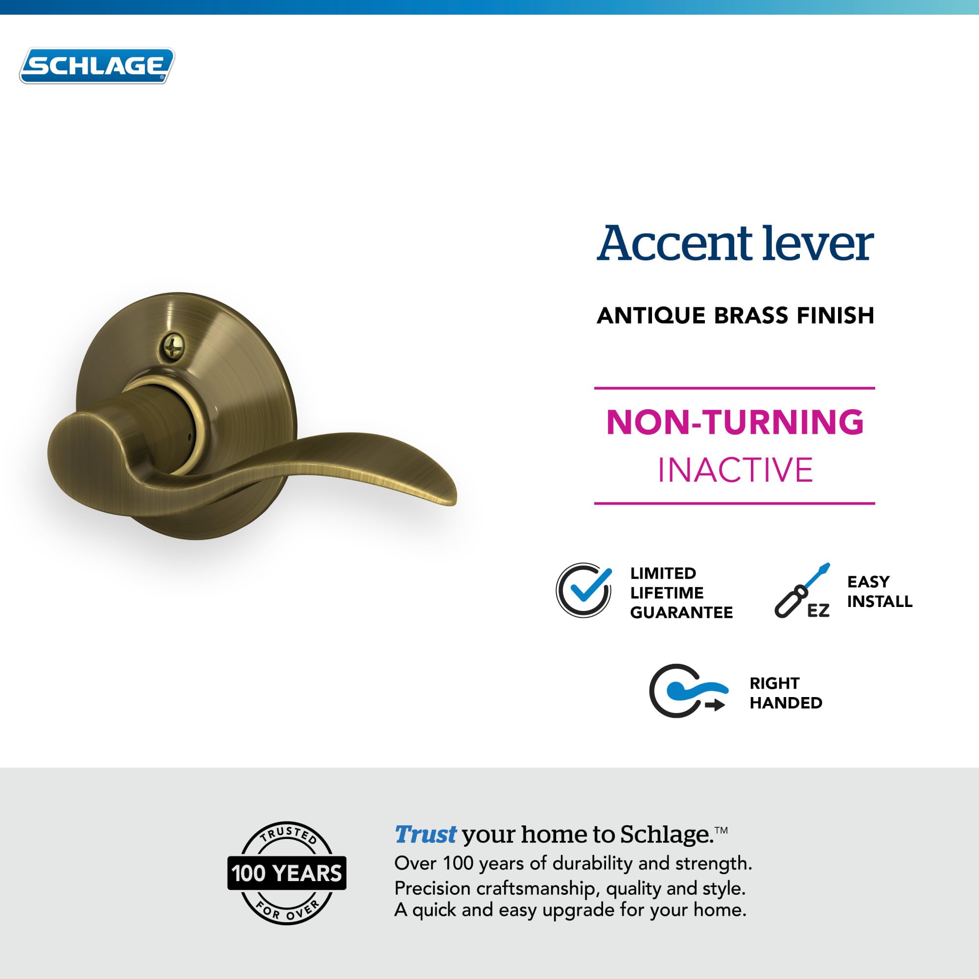 SCHLAGE F170ACC609RH Acc 609 F170 Accent Decorative Dummy Door Lever, 2.72 in Projection X 4-1/8 in L, Antique Brass - Image 3