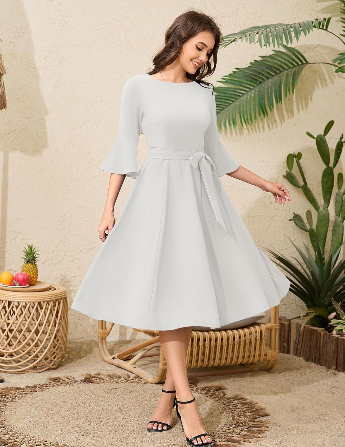 HomRain Women's Church Dresses Modest Bell Sleeve Wedding Guest Cocktail Tea Party Vintage Evening Dress - Image 2