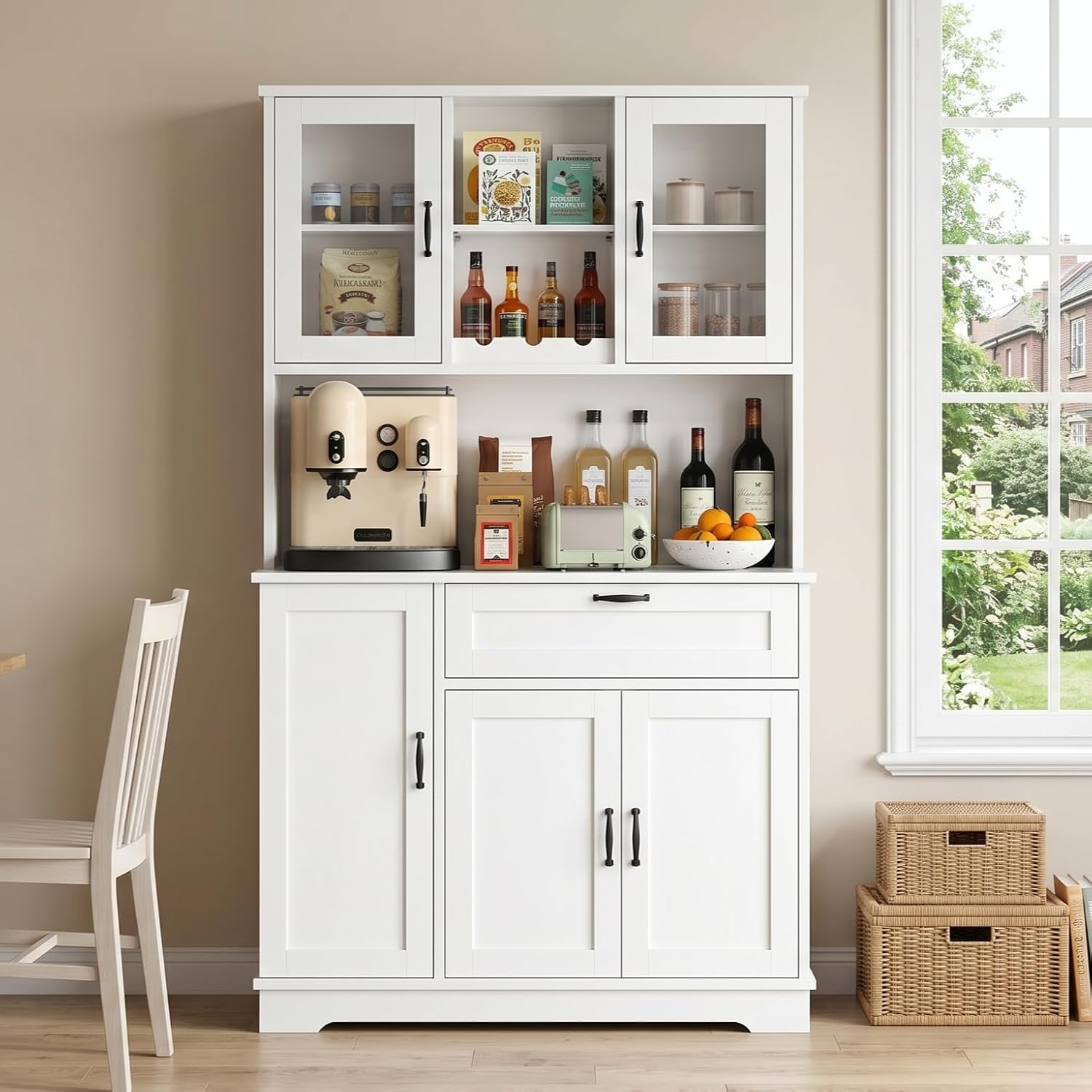 Vongrasig Farmhouse Pantry Cabinet with Acrylic Doors, Large Kitchen Hutch Storage Cabinet for Dining Room, Tall Food Pantry with Microwave Stand, White