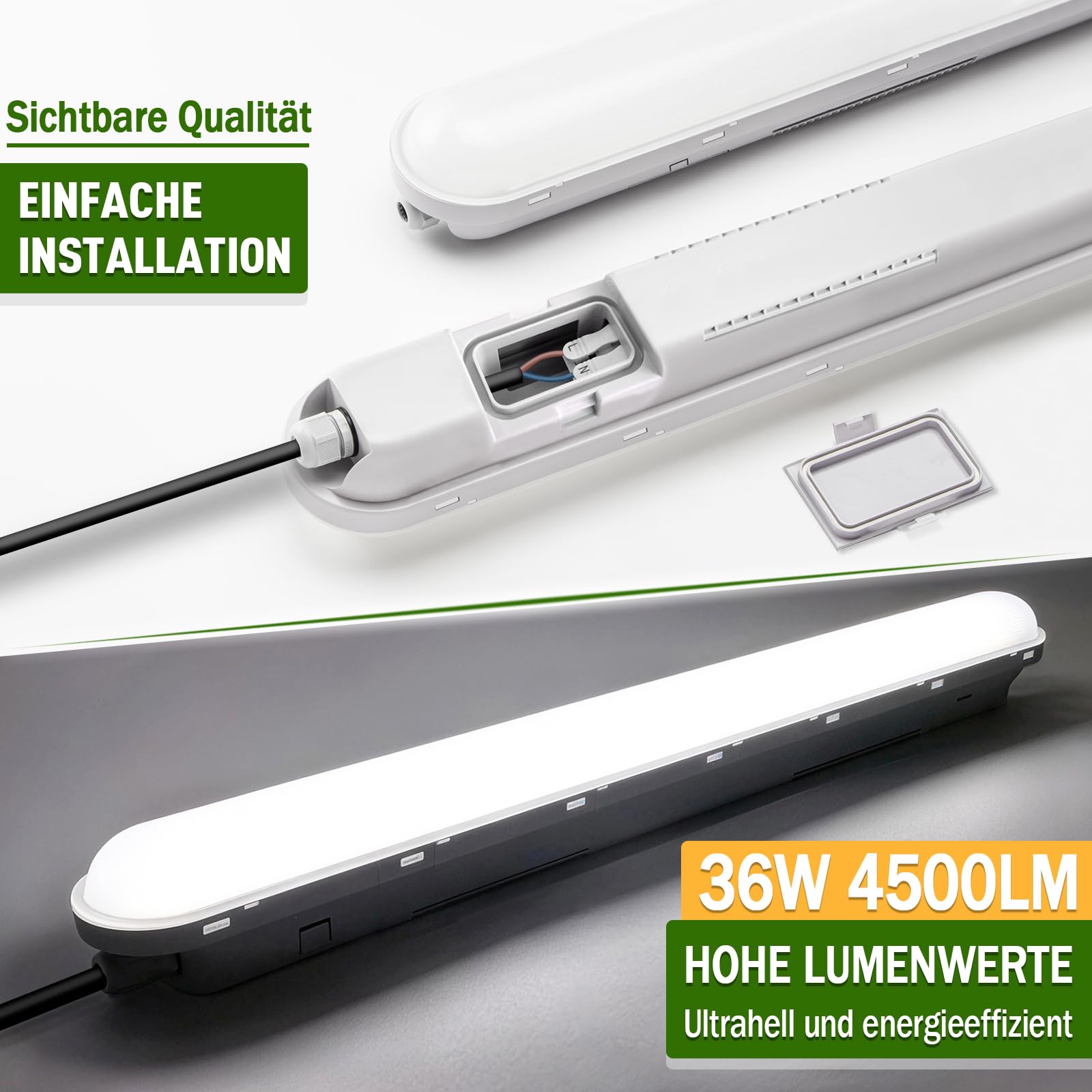 TONFFI 2 Stück LED Feuchtraumleuchte 120cm, 36W IP65 Feuchtraumlampe [4500LM, 6000K Kaltweiß] - Verknüpfbare Wannenleuchte für Bad, Keller, Garage, Werkstatt