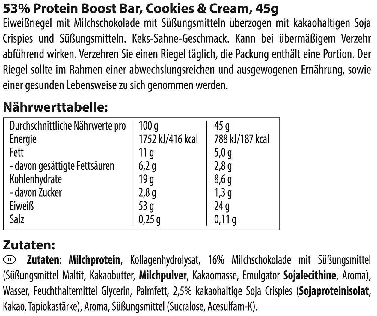 Multipower 53% Protein Boost – 20 x 45 g Protein Riegel Cookies & Cream mit 53% hochwertigem Protein – 24 g Eiweiß und 1,3 g Zucker je Eiweißriegel
