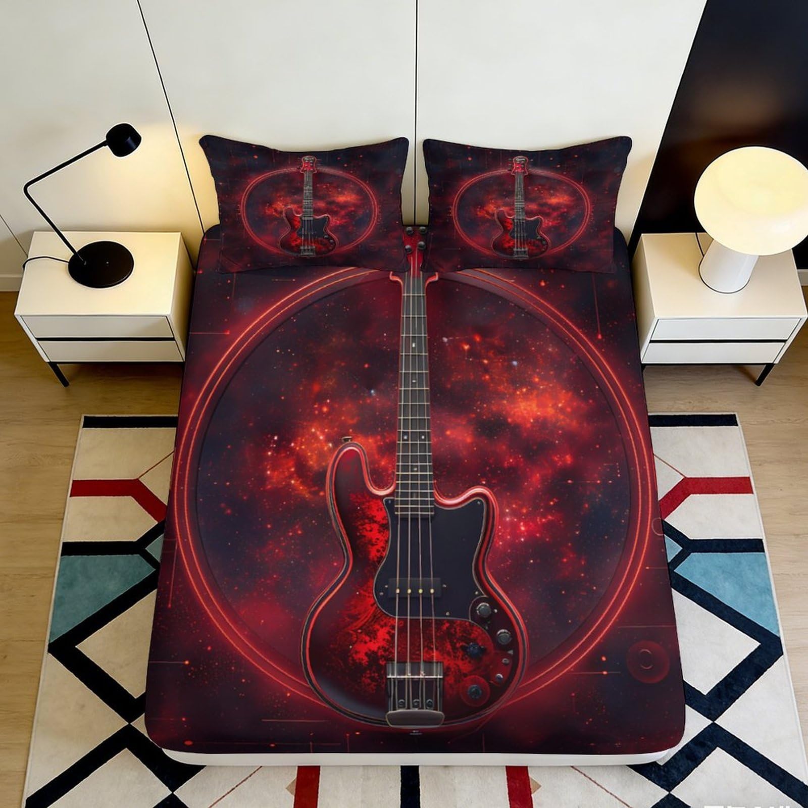 3D Printed Guitar Galaxy Fitted Sheet Microfiber Red Cosmic Nebula Mattress Cover for Bedroom Dorm Mattress Protection Decor 180x200x25cm