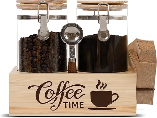 Juego de recipientes de café de vidrio con estante y cuchara, recipientes de café de 2 piezas para almacenamiento de granos de café, sello