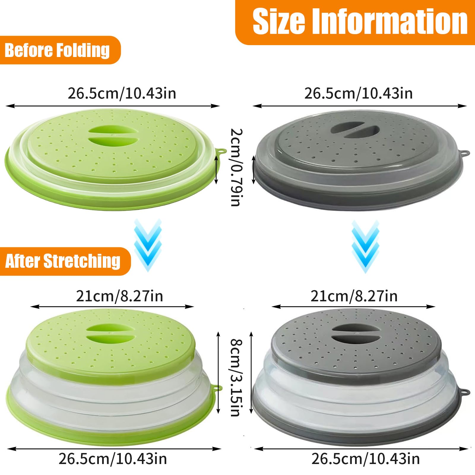 2Pcs Copertura Riscaldamento Antischizzi Microonde Pieghevole 26.5cm con Fori Vapore, Cesto Filtro Plastica con Ganci per Lavare Frutta Verdura Alimenti,Coprivivande Antispruzzo con Manico(Gris+Verde)