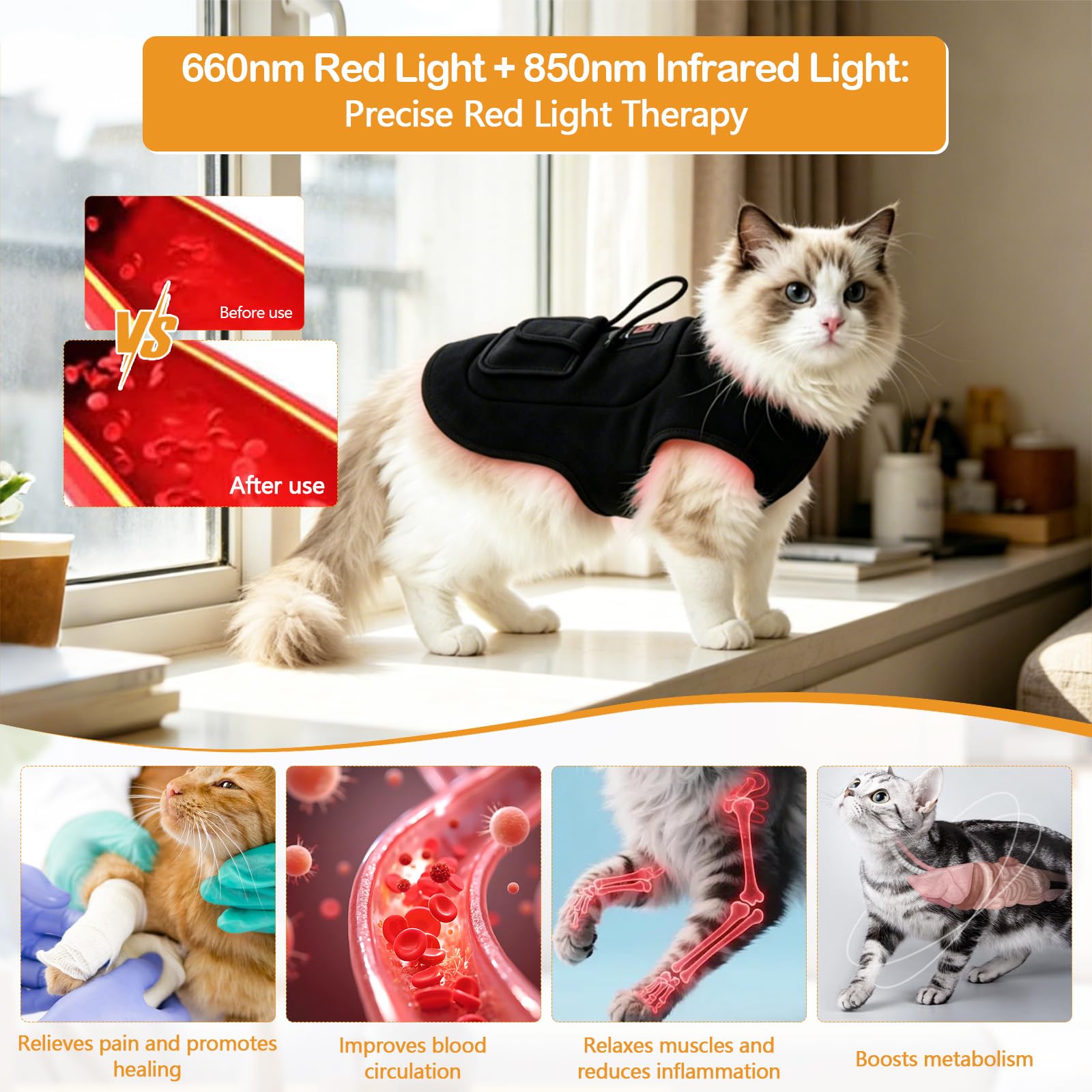 Ceinture de thérapie à la lumière rouge 660 nm/850 nm pour chiens et chats, coussin chauffant avec 3 modes pour soulager la douleur, ceinture thérapeutique réglable pour les douleurs articulaires
