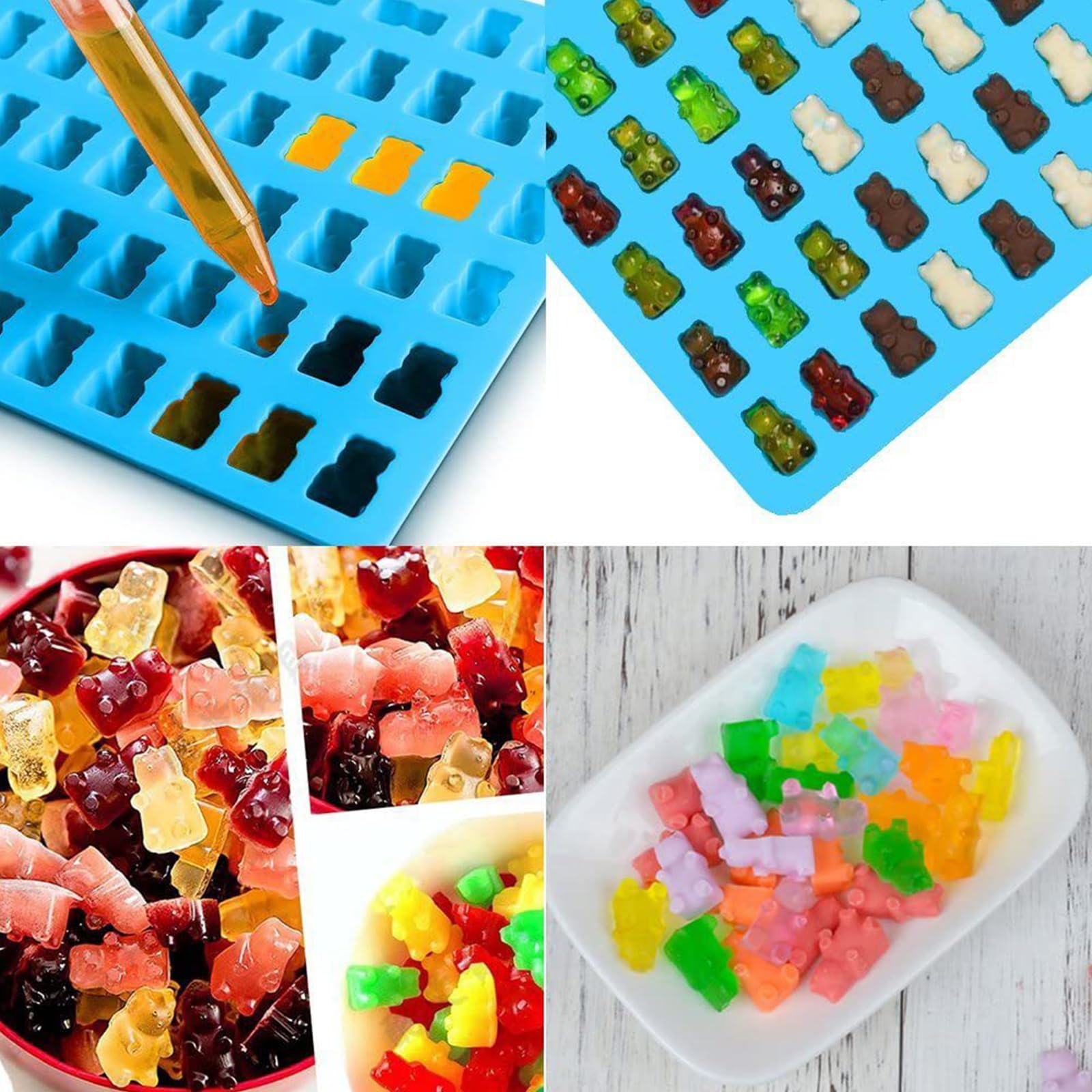 Set Di 4 Stampi In Silicone Per Caramelle E Cioccolato - Forme Orsetti, Ciambelle, Cuori, Dinosauri Con 2 Contagocce