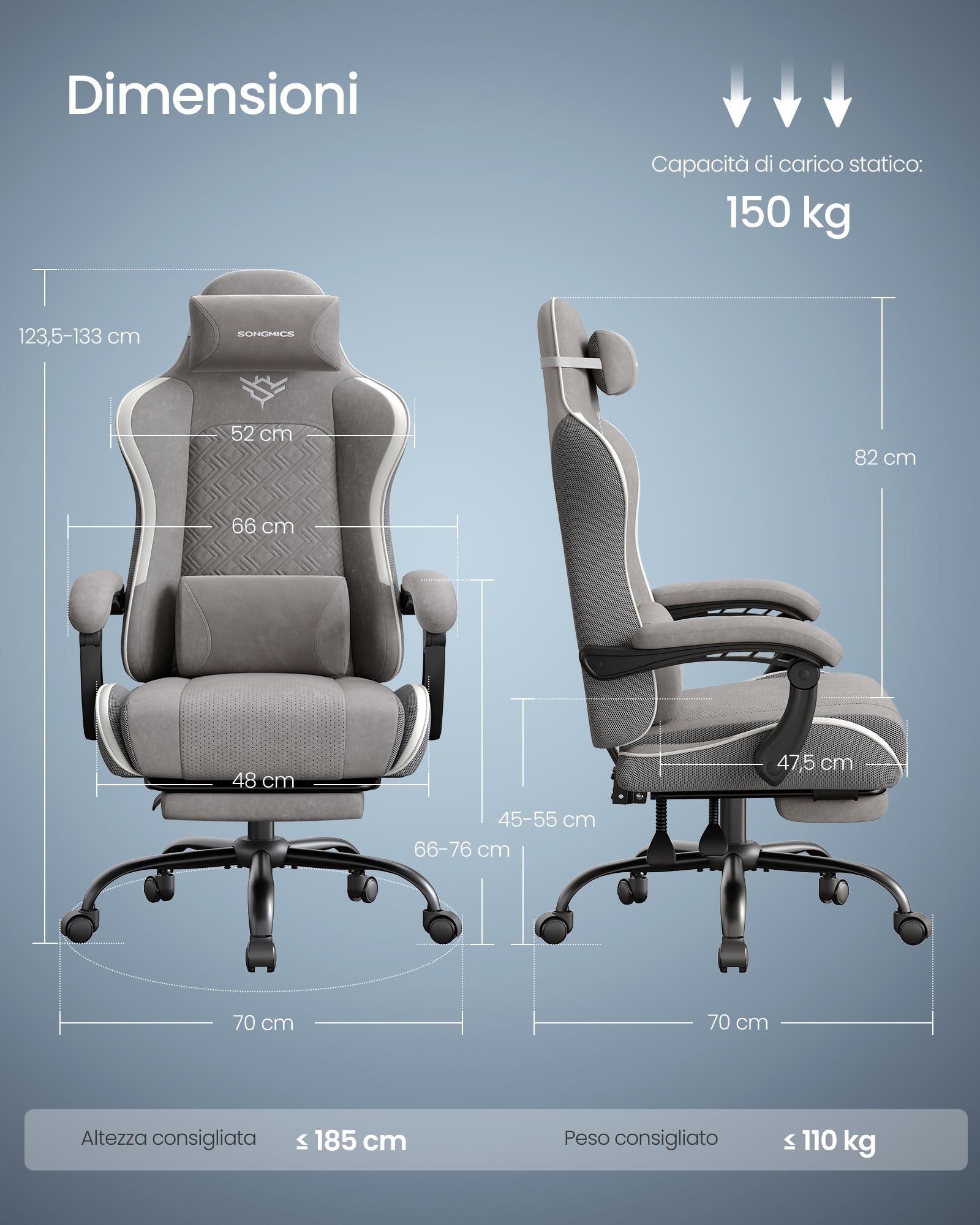 SONGMICS Sedia Gaming, Sedia da Ufficio Scrivania, Ergonomica, Seduta con Molle, Poggiapiedi, Braccioli con Meccanismo Sincronizzato, Grigio Tortora OBG079G01