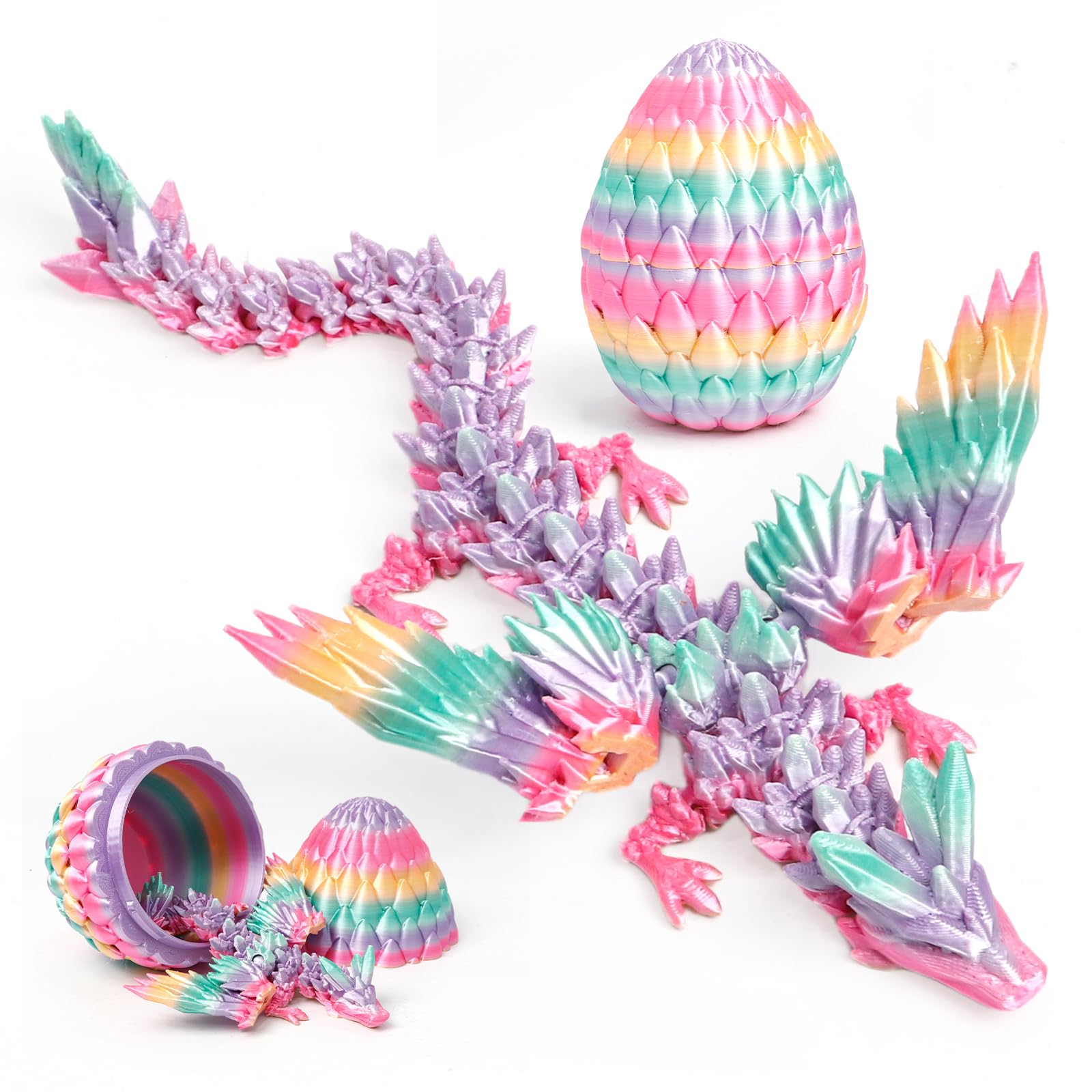 3D Printed Winged Dragon in Egg (9" Large) - Easter Basket Stuffers for Kids&Adults, Flexible Fidget Toy & Figure,Desk Pet, Creative Birthday, Christmas, Graduation Gift(Rainbow)