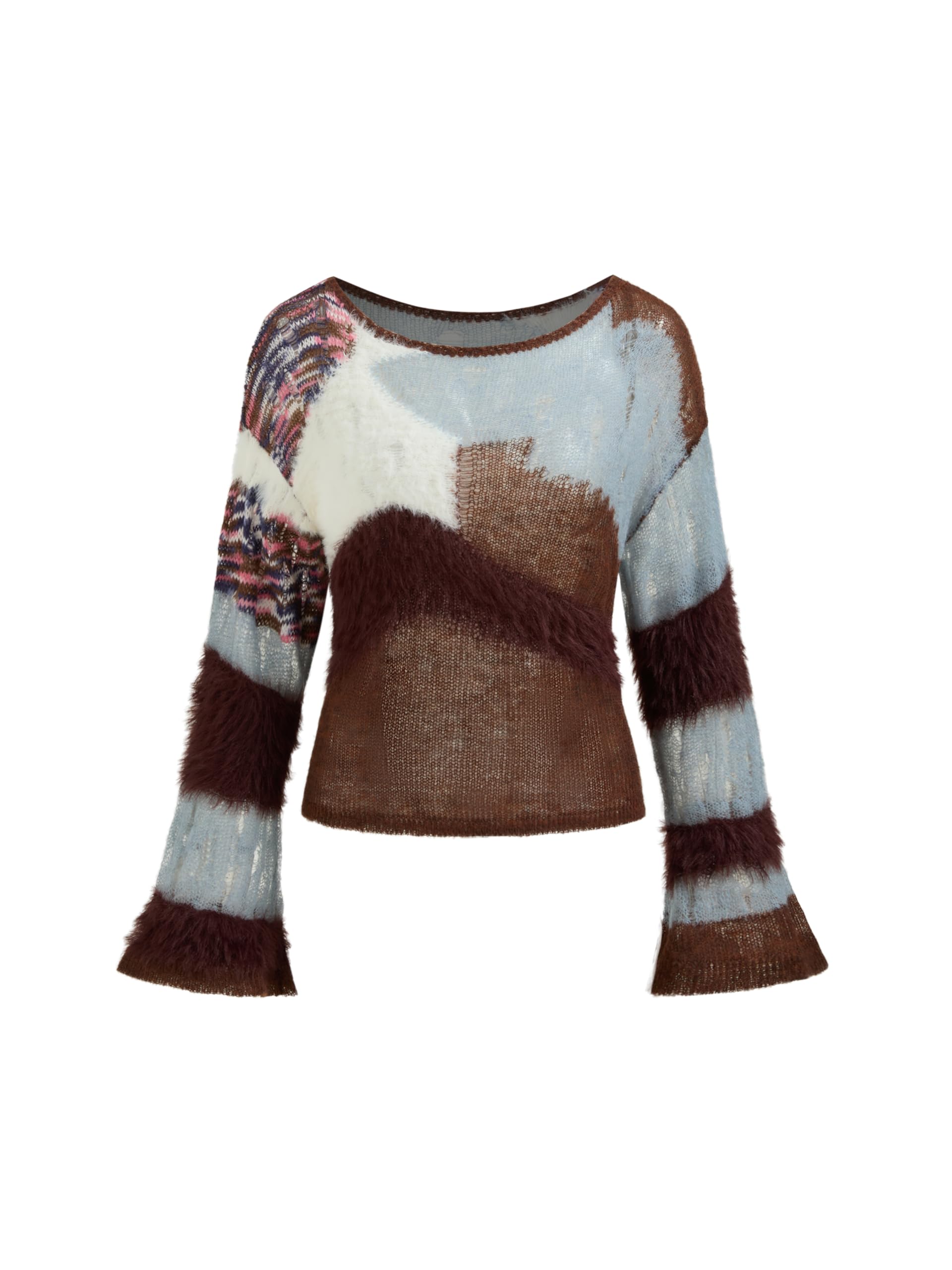 CIDER Women s Wool Color Block Sweater Knitted Boat Neck Bell Sleeve Pullover Sweatshirt Tops